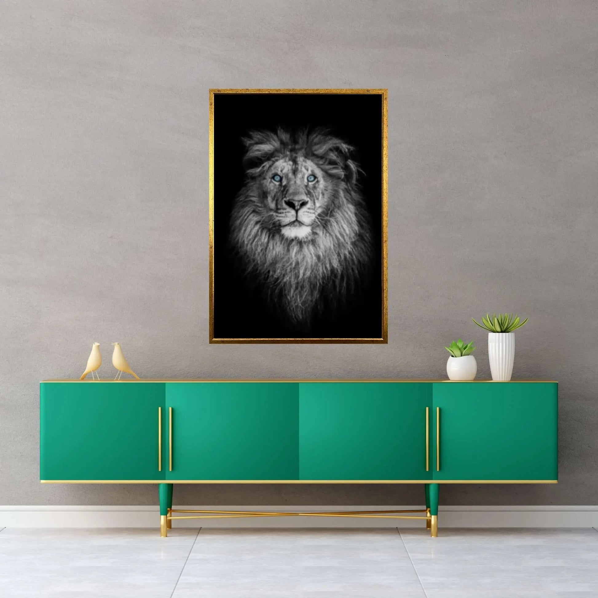 African Lion Canvas Wall Art, Lion wall art, black and white blue eyes lion Canvas Print - Y Canvas