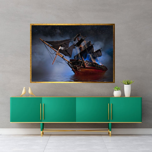 Large Dark Sea Pirates Ship Canvas Wall Art, Pirates Canvas Wall Print, Corsair on Sea Wall Hangings - Y Canvas