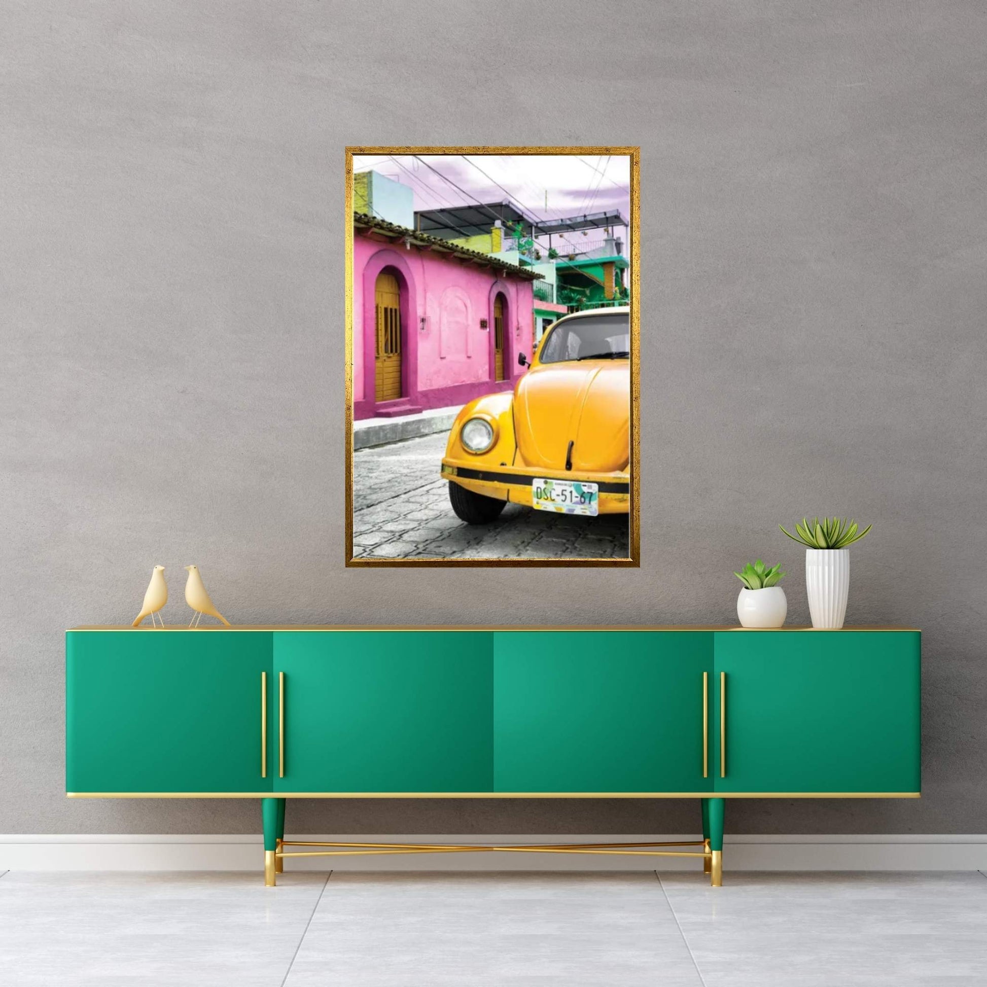 Yellow VW Beetle Car Canvas Wall Art - Y Canvas