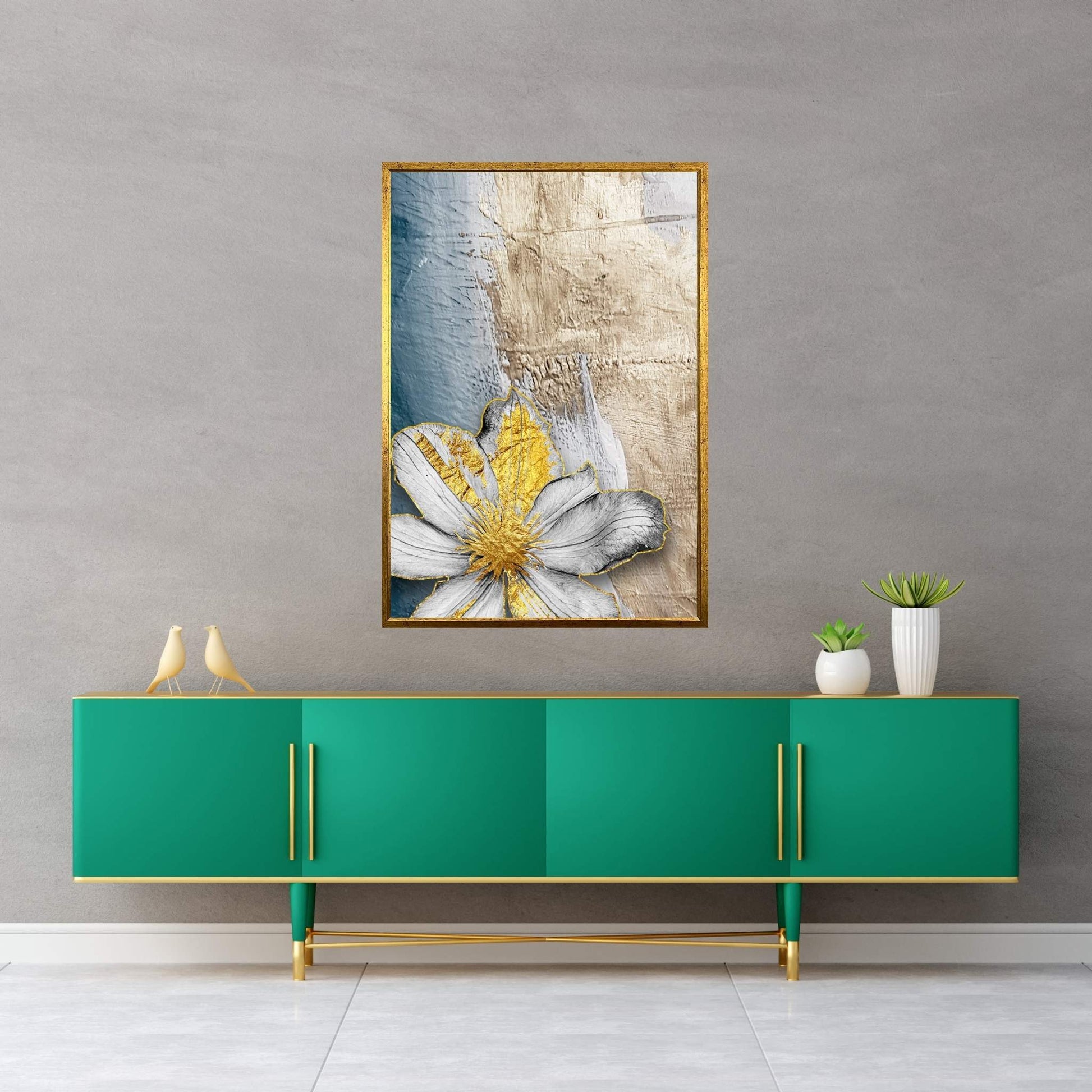 White Flower with Gold Detail Modern Abstract Canvas Wall Art - Y Canvas