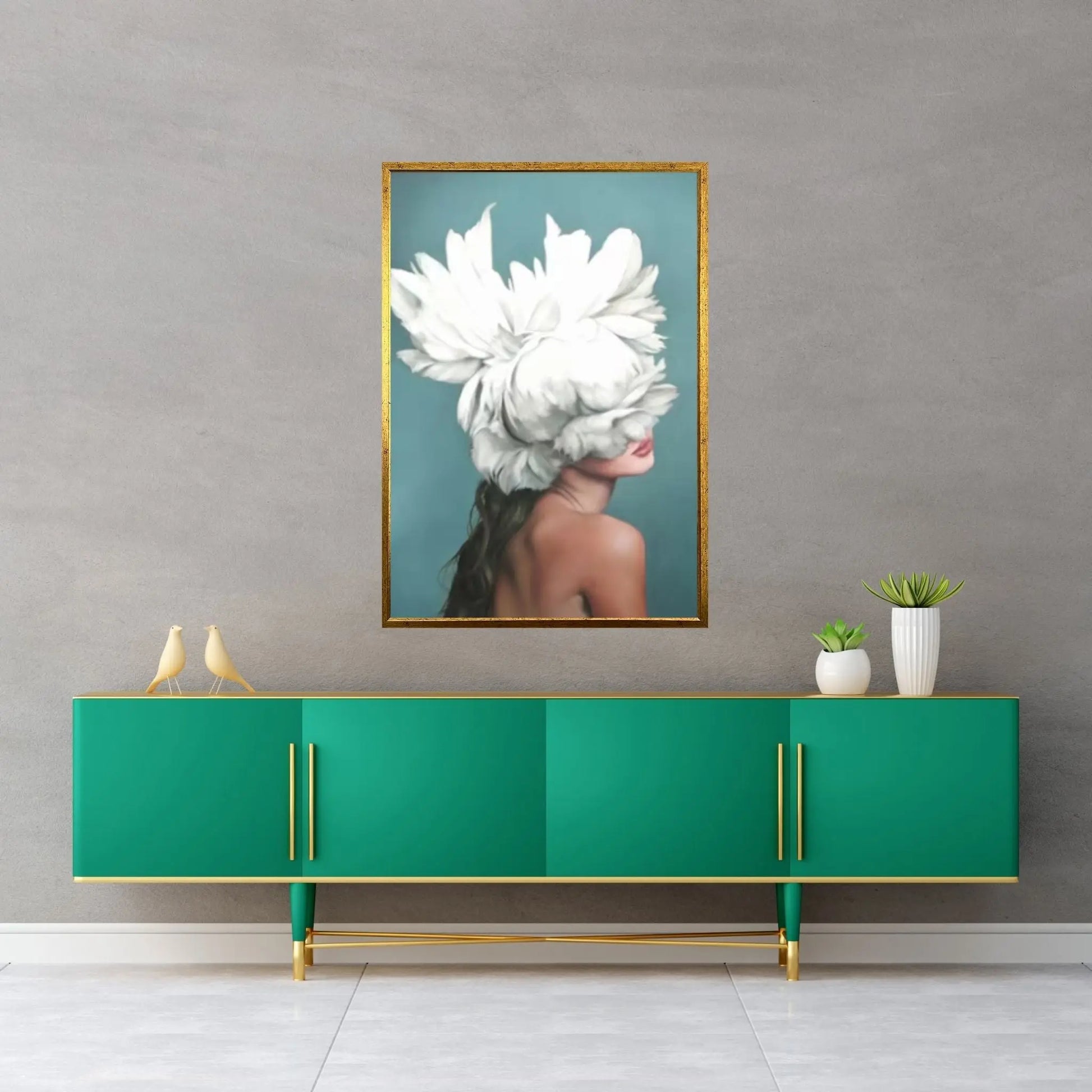 Flowers Feathers Woman With Flower Abstract Canvas Painting Wall Art Decorative Painting Living Room Home Decoration Print - Y Canvas