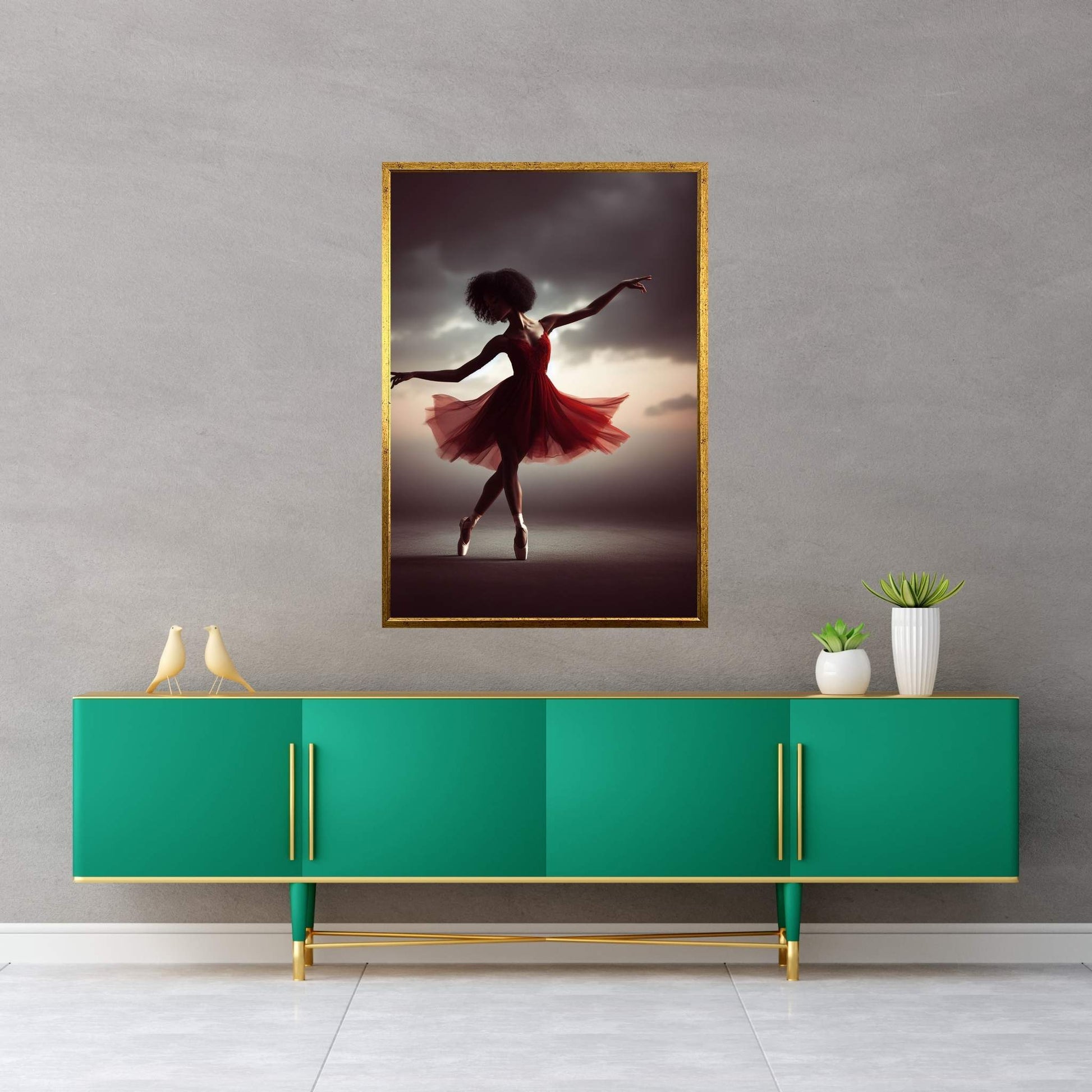 African Black Woman Ballerina in Red Dress Canvas Wall Art Home Decor - Y Canvas