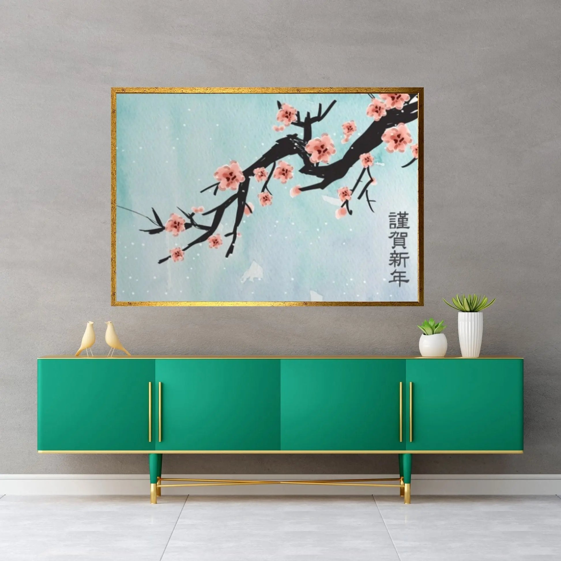 Japanese Landscape Painting of Pine Trees Canvas Wall Art, Distant Mountains, Cloud and Sunrise - Y Canvas