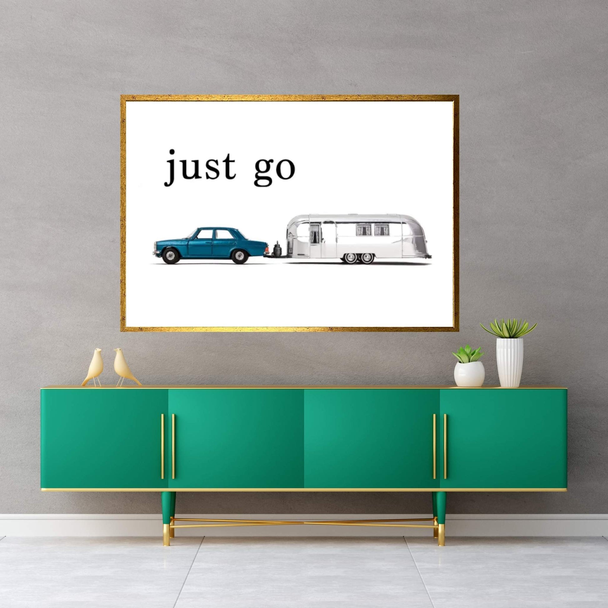 Airstream Car - Just Go Canvas Wall Art - Y Canvas