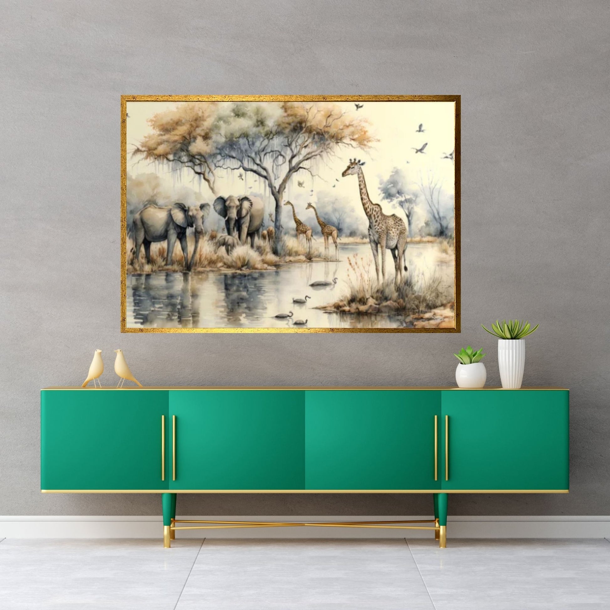 African Safari Tropical Jungle with trees , giraffes, elephants and birds Canvas Wall Art - Y Canvas