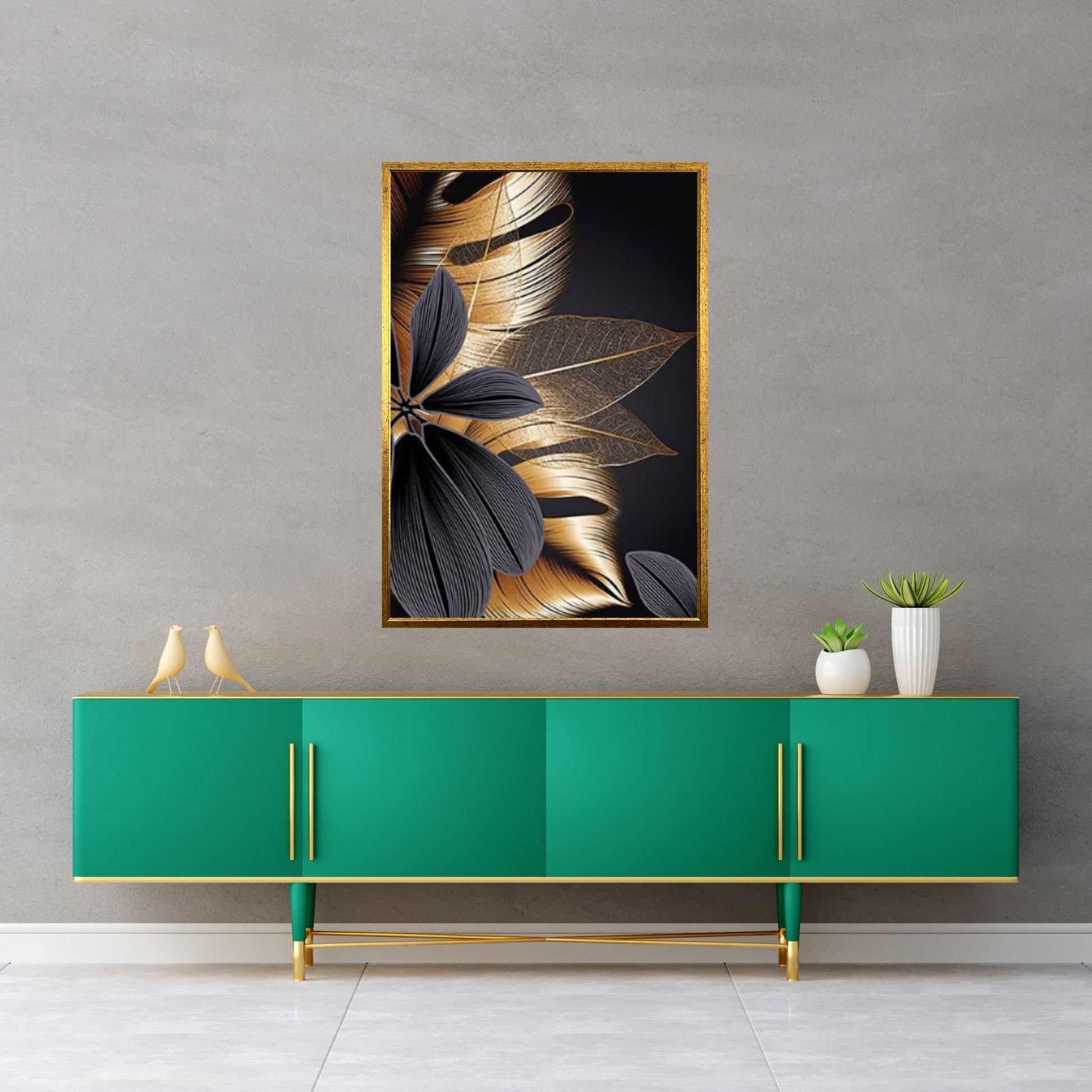 Art Painting Nordic Living Room Decoration, Black Golden Plant Leaf Canvas Poster - Y Canvas