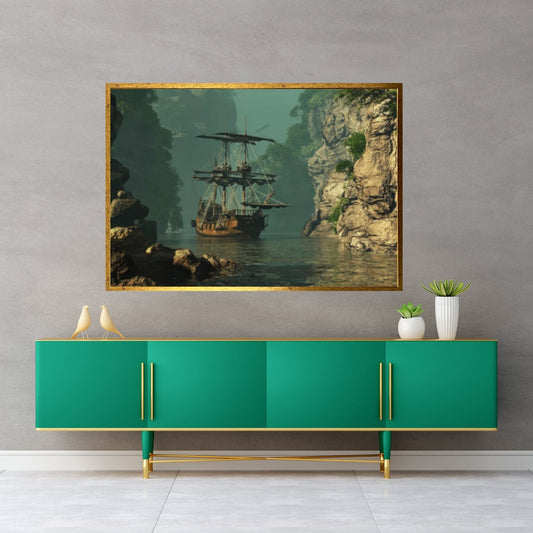 Sea Pirates Ship Canvas Wall Art, Pirates Canvas Wall Print, Corsair on Sea Wall Hangings, Dark Colours Boat Room Decor - Y Canvas