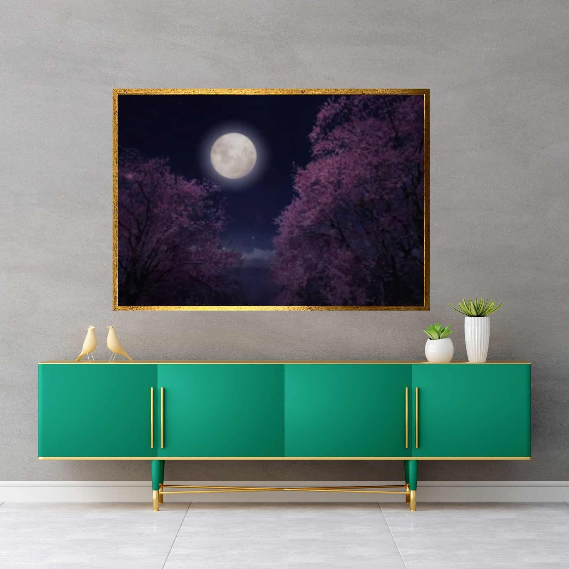 Moon over the Sea, Cherry Tree Blossoms Painting Print on Canvas - Y Canvas