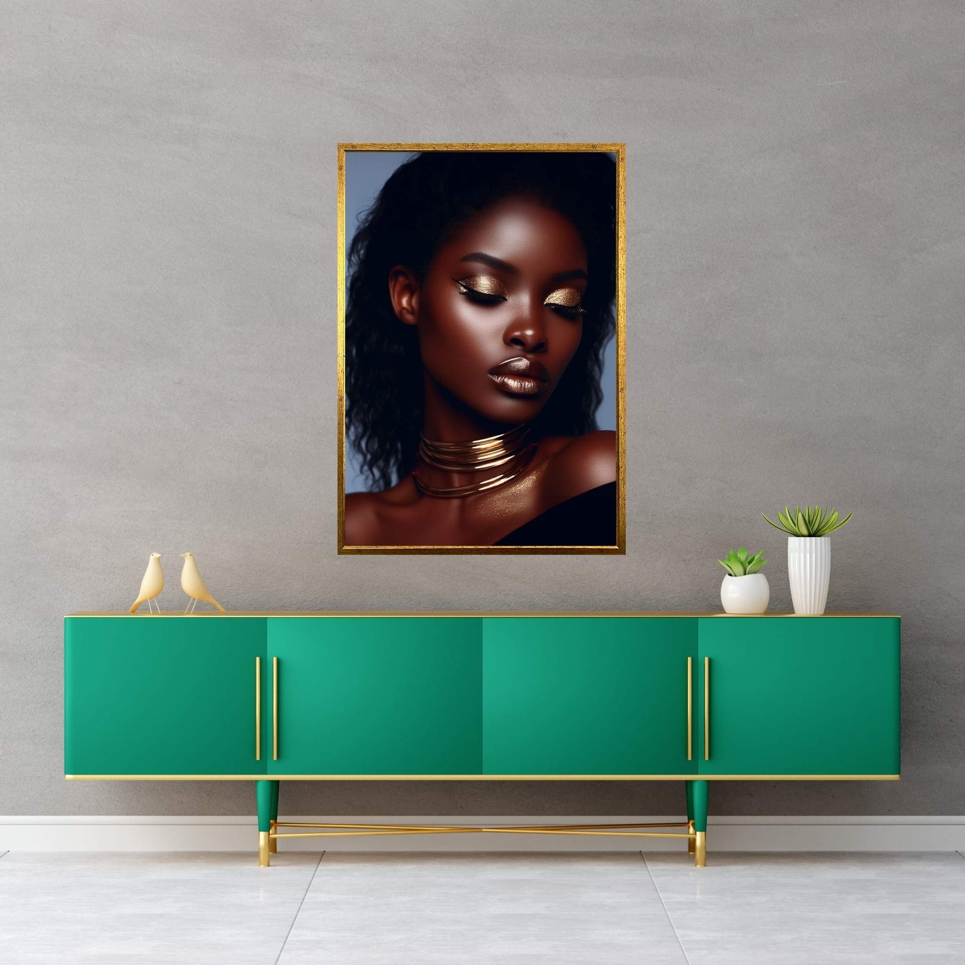 African Black Woman Gold Make-up Canvas Portrait Canvas Wall Art - Y Canvas