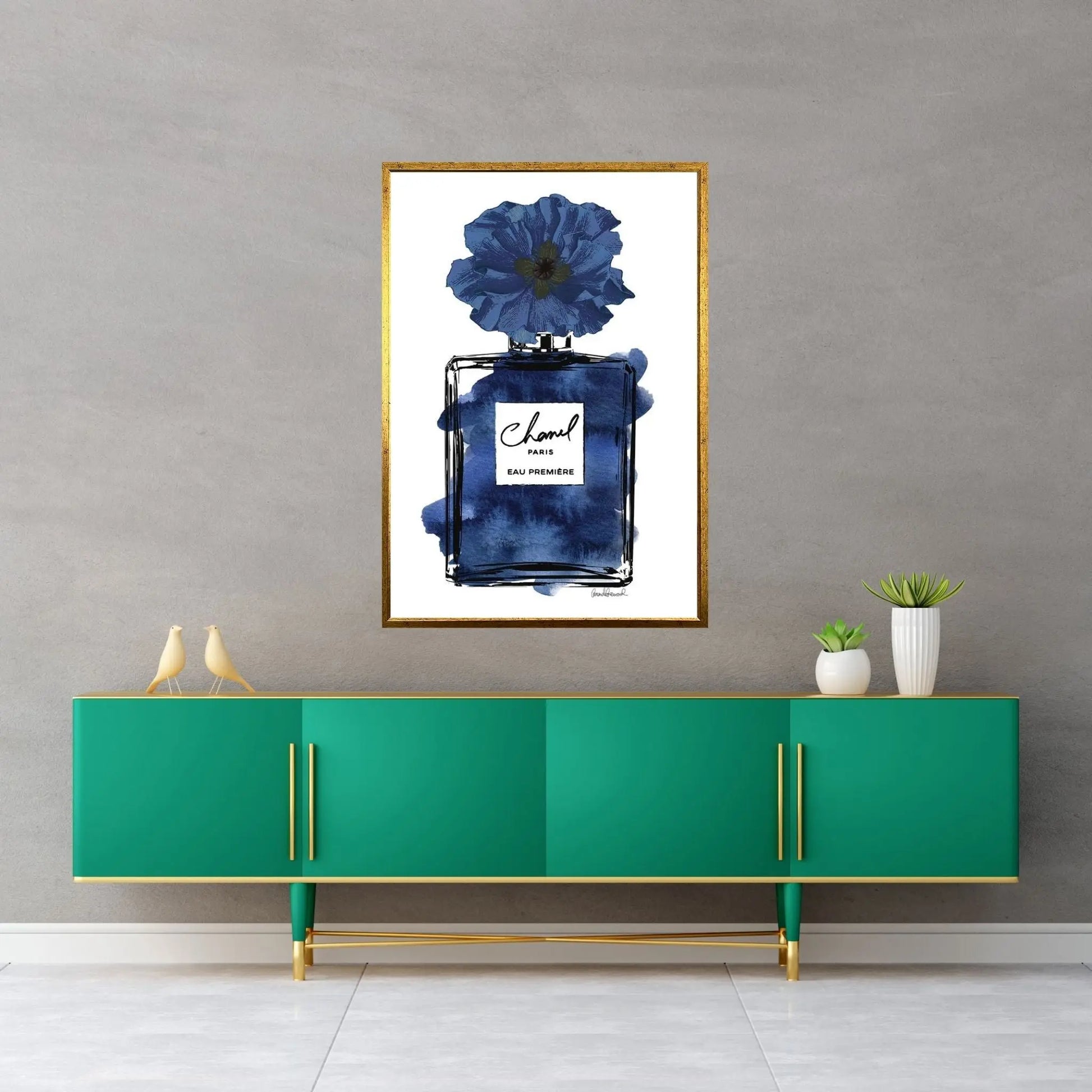 Perfume With Black & Blue Flower Canvas Wall Art - Y Canvas