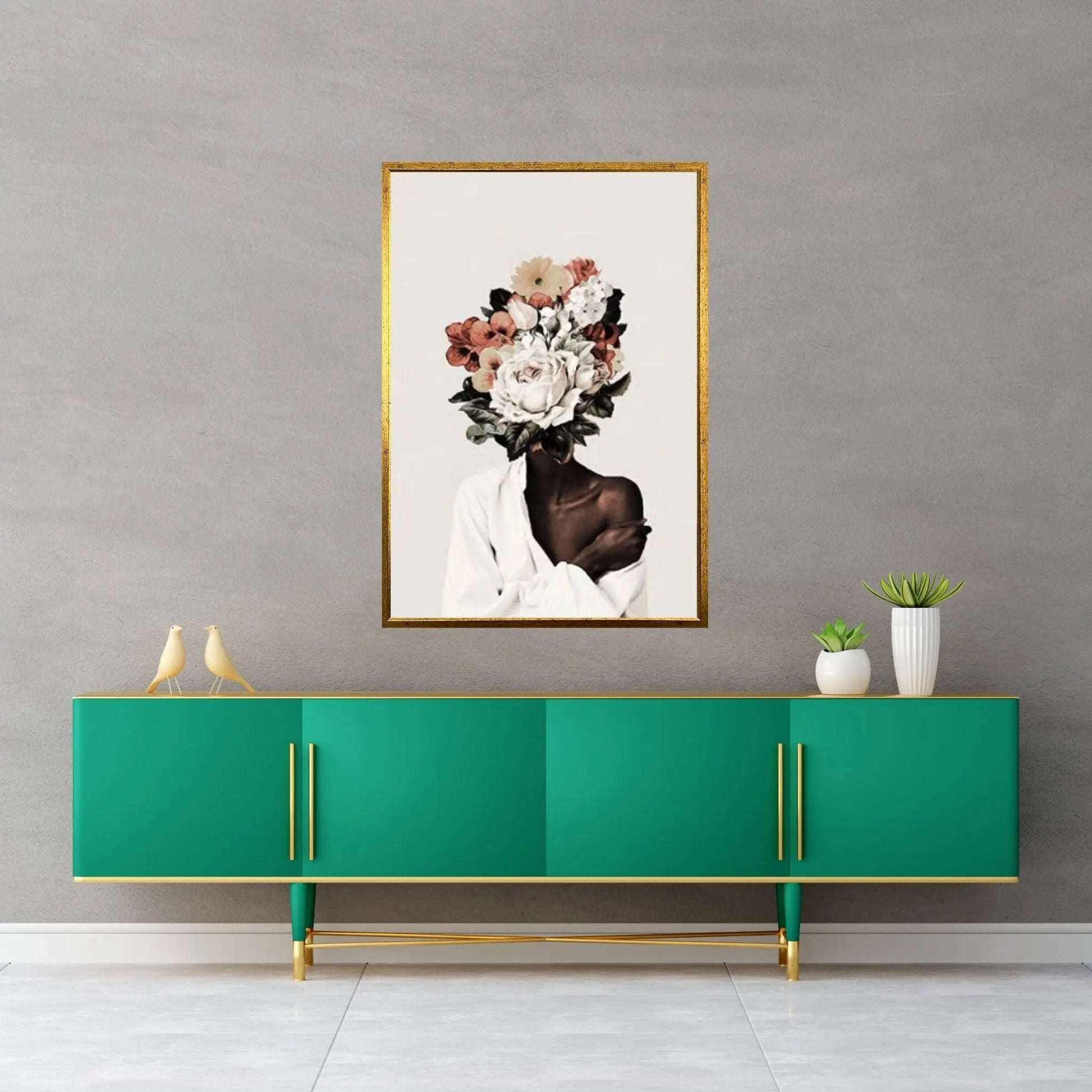 Black woman head flowers Canvas wall art,Black art, Girl Flowers Poster - Y Canvas