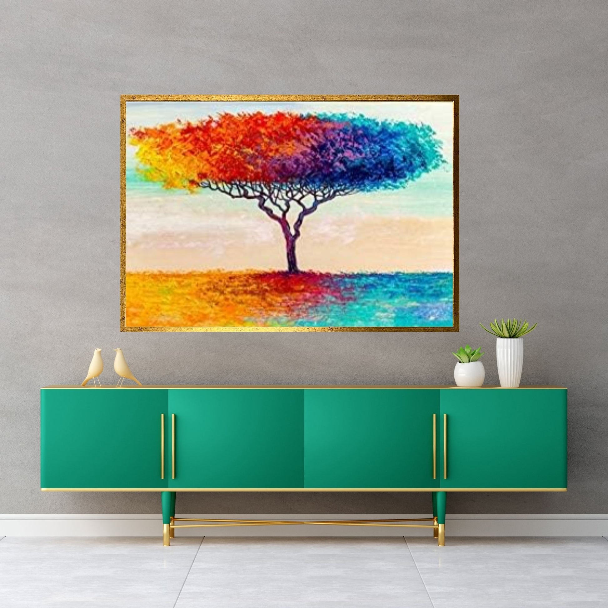 Colorful Tree Oil Painting On Canvas, Red & Blue Tree Wall Art, Custom Canvas Wall Art, Textured Wall Art - Y Canvas