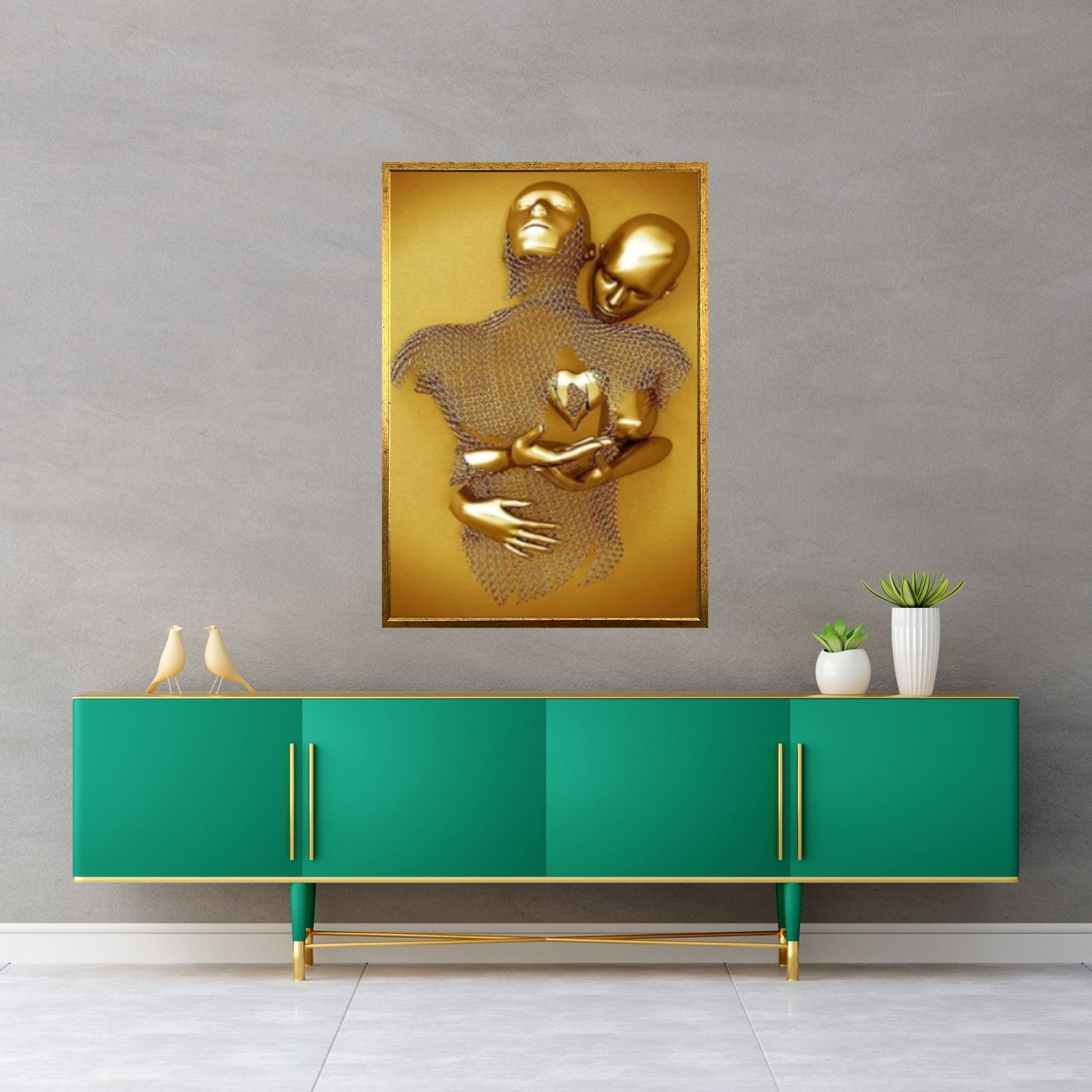 Couple Kissing Canvas Wall Art Gold Modern Stunning Wall Decor, Love heart Wall Art - Y Canvas