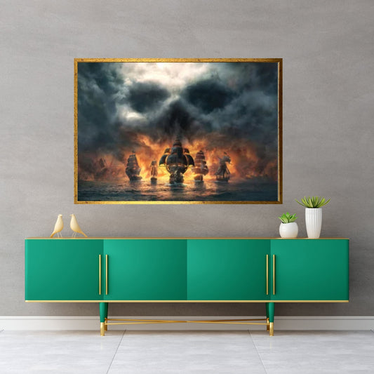 Large Dark Sea Pirates Ship Canvas Wall Art, Pirates Canvas Wall Print, Corsair on Sea Wall Hangings - Y Canvas