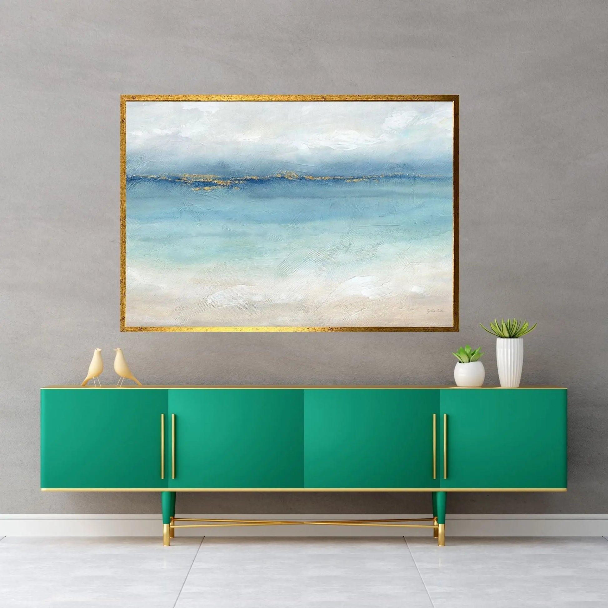 Serene Sea Grey Gold Landscape Canvas Wall Art - Y Canvas