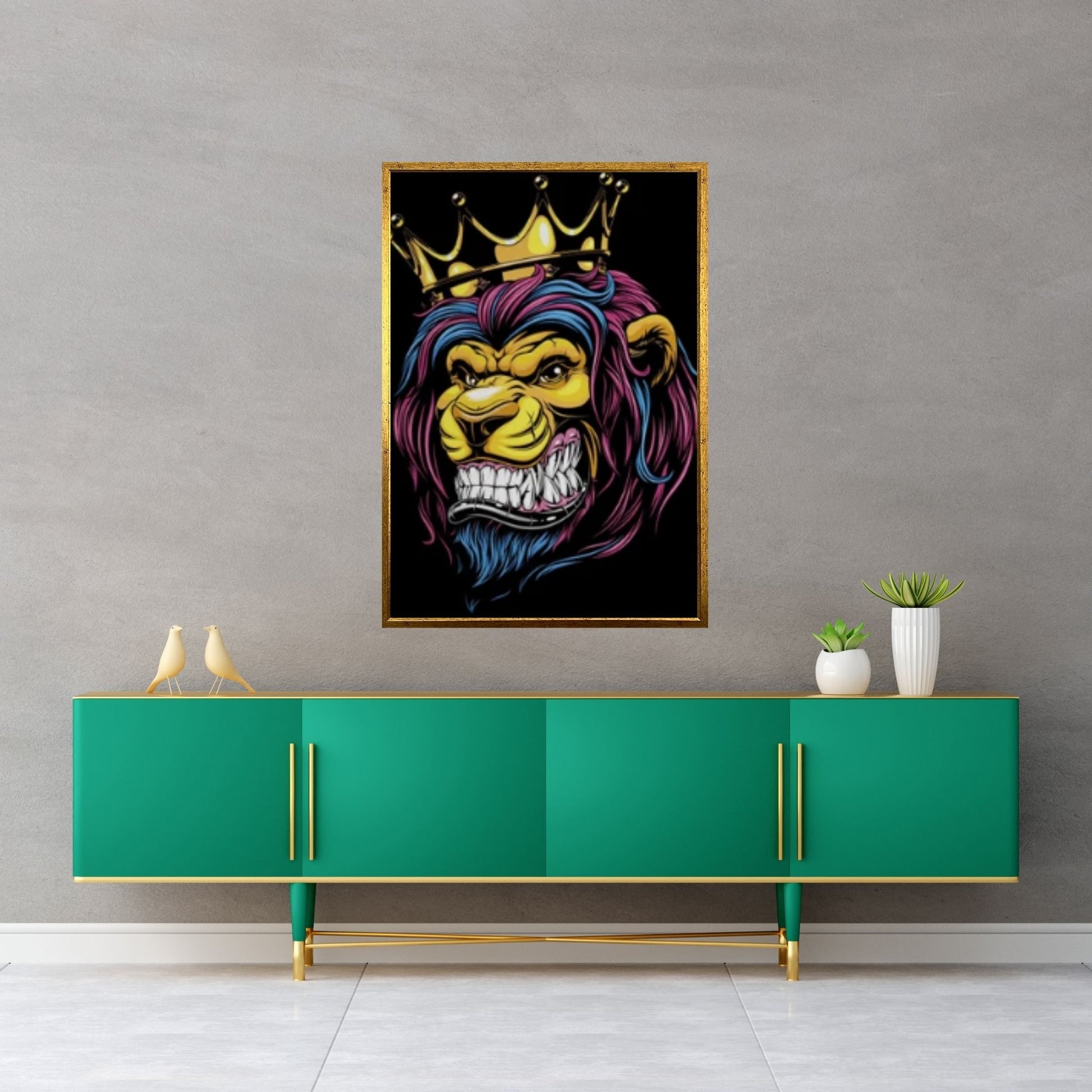 African King Banksy Cartoon Lion Canvas Wall Art - Y Canvas