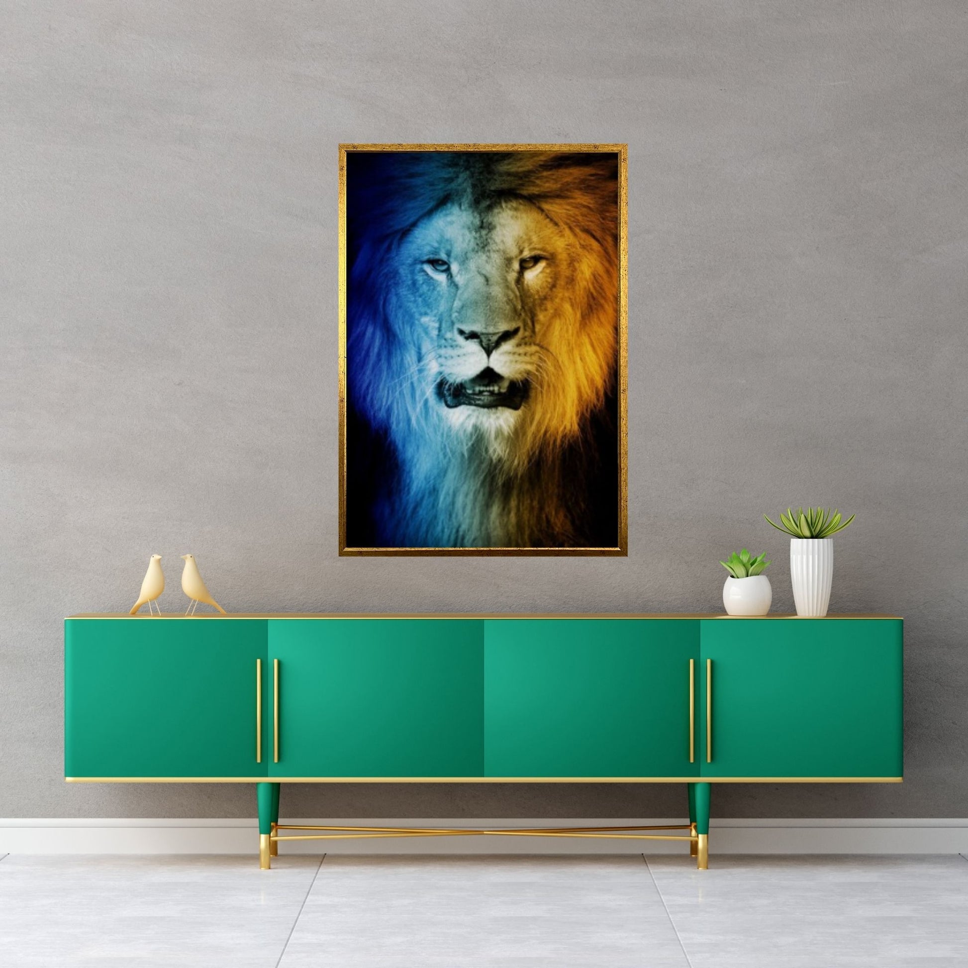 African Lion Canvas Wall Art, Black and white blue eyes lion Canvas Print - Y Canvas