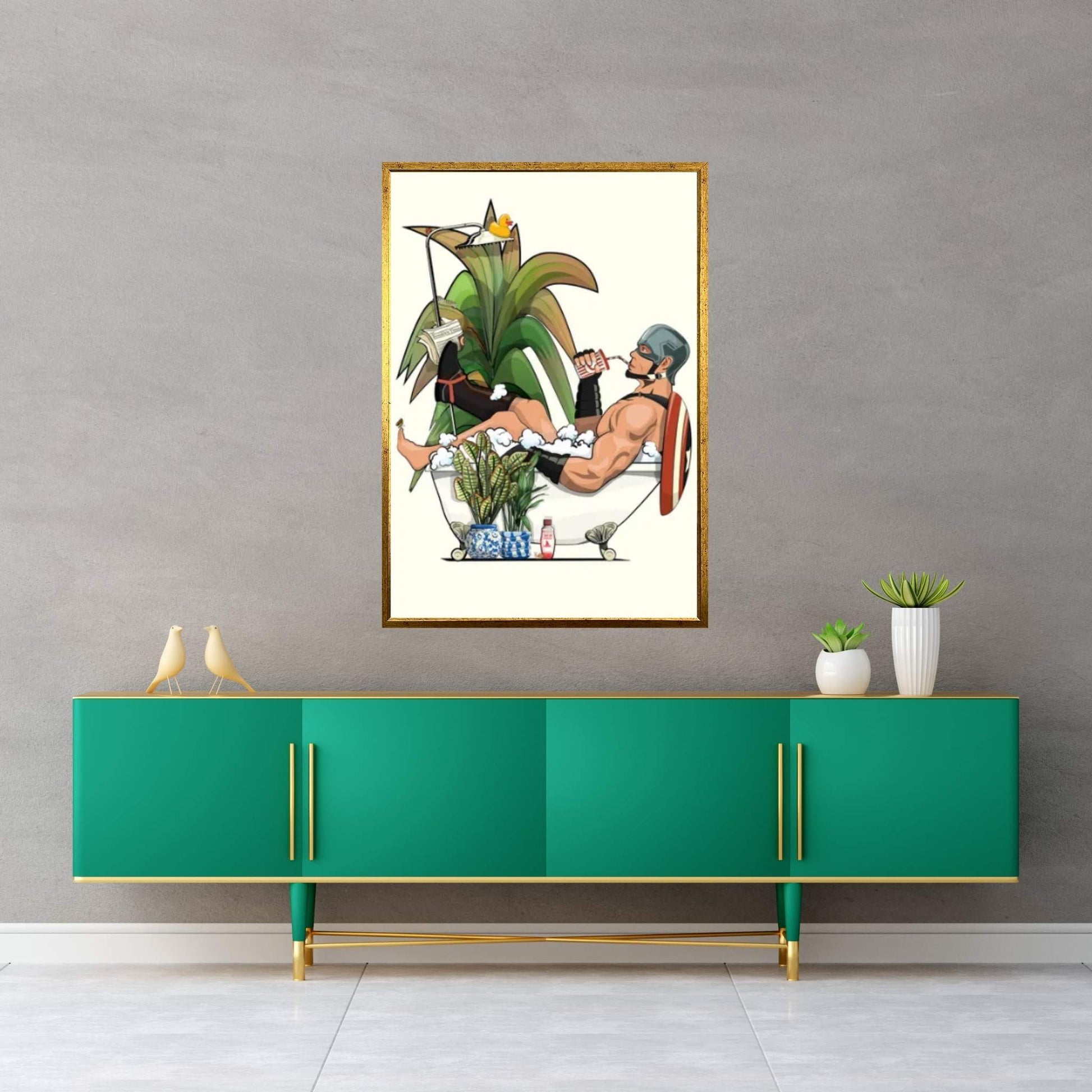 Captain American In The Bath Canvas Wall Art - Y Canvas