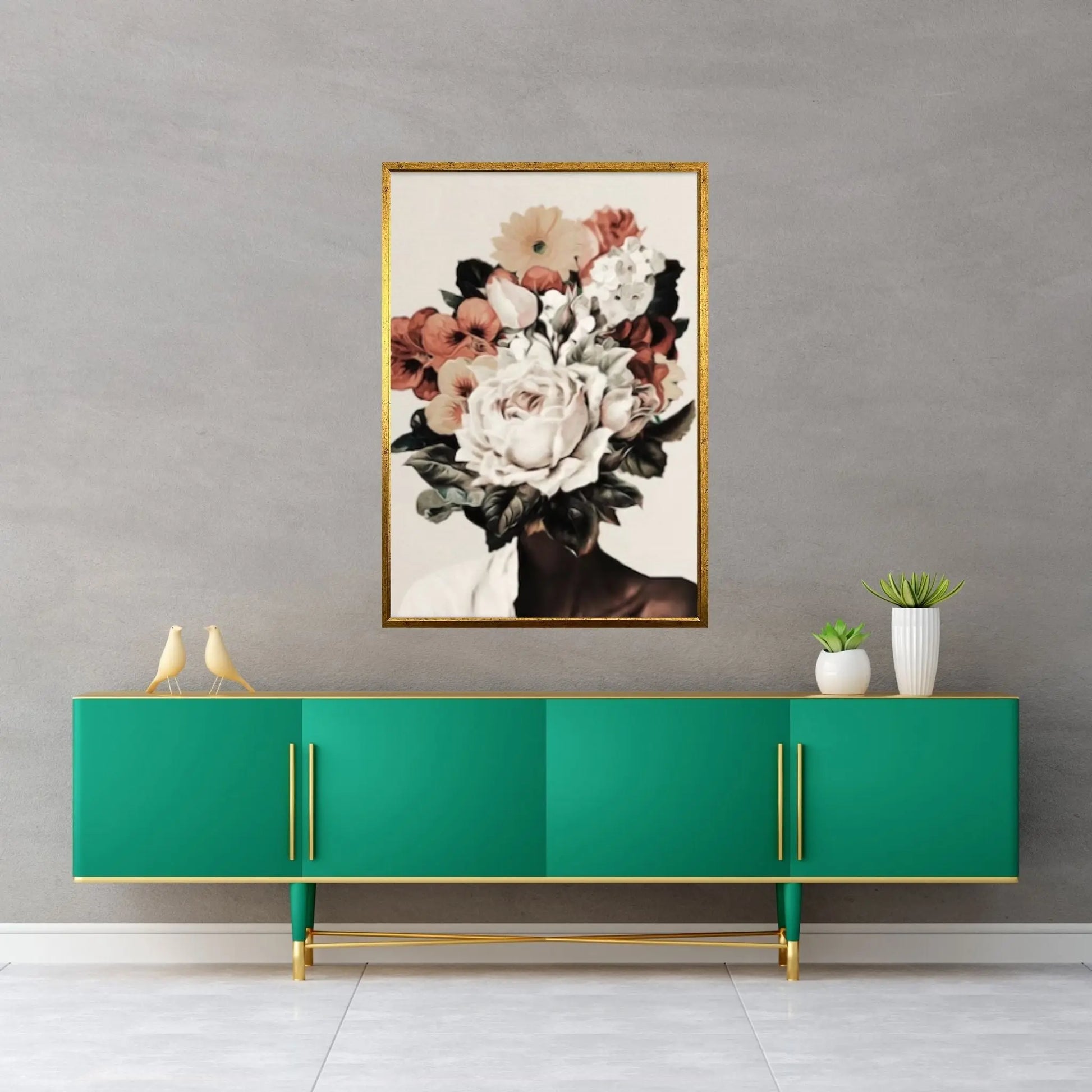 Black woman head flowers Canvas wall art,Black art, Black girl print, flower woman painting, Girl Flowers Poster - Y Canvas