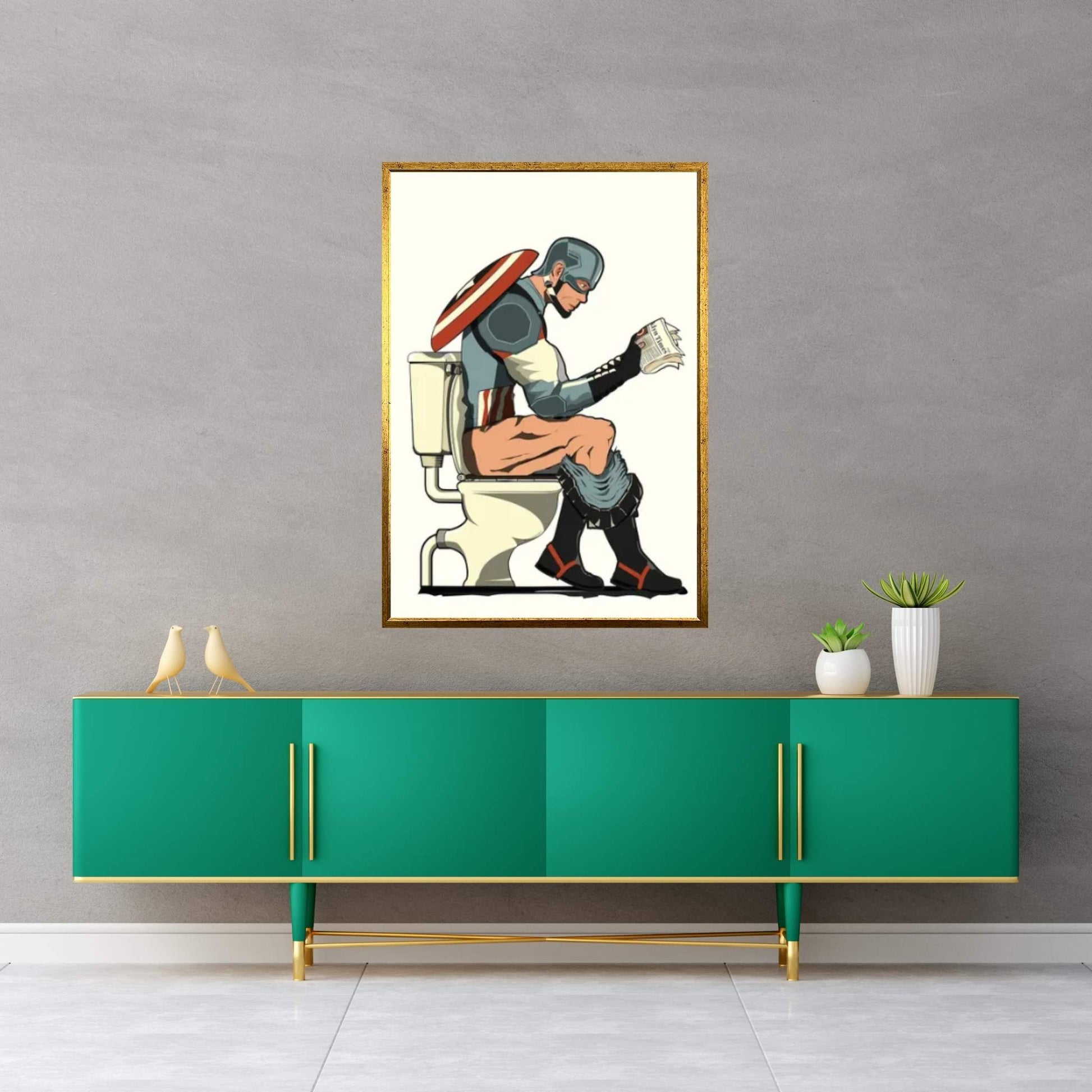 Captain America On The Toilet Canvas Wall Art - Y Canvas