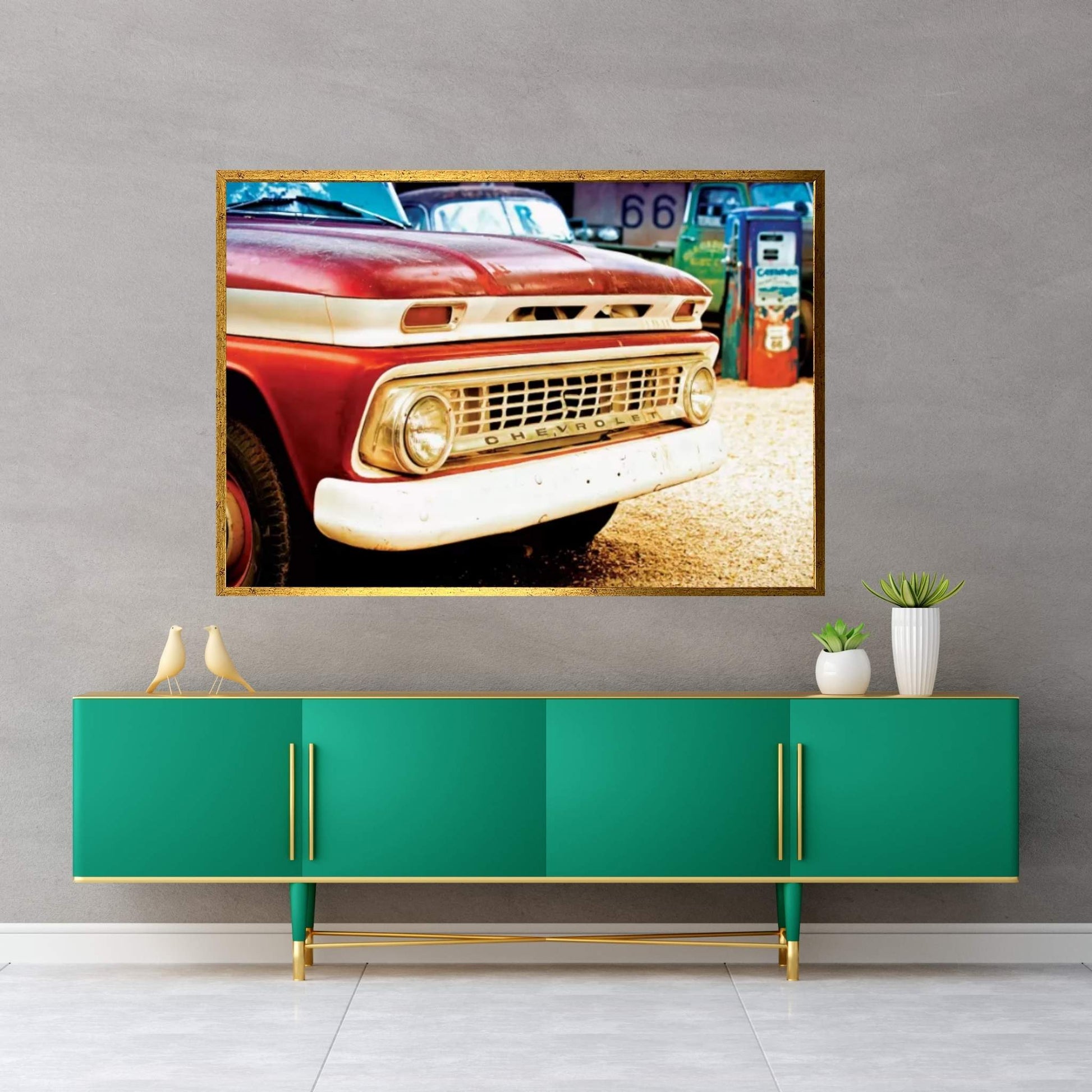 Classic Chevrolet Grill At U.S Route 66 Fill-Up Station Canvas Wall Art - Y Canvas