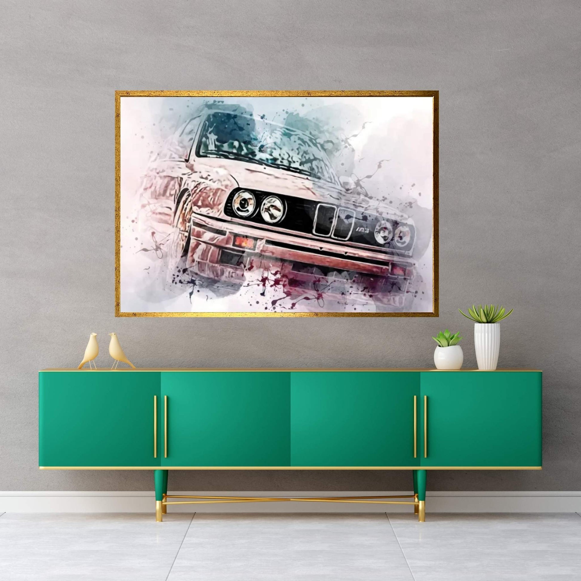 BMW M3 E30 Pink M3 E30 Gold Wheels Canvas Wall Art - Y Canvas