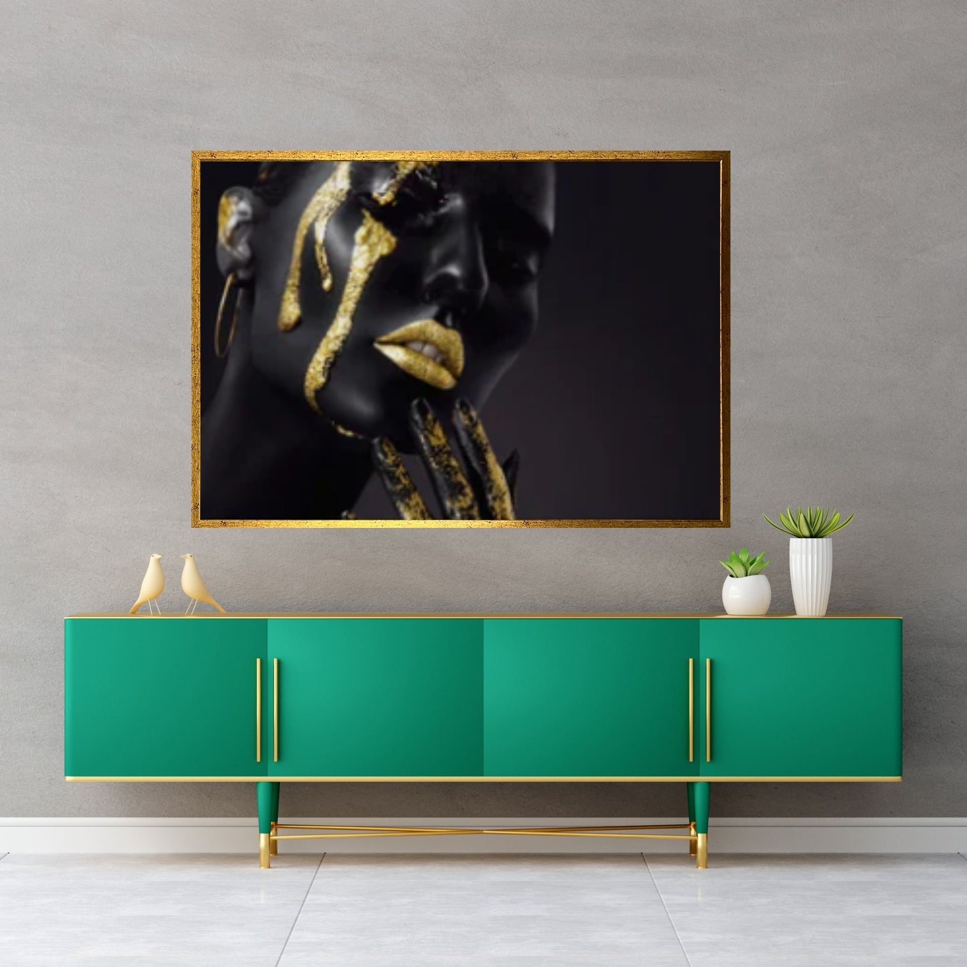 African Art Wall Decor, African Woman Makeup Wall Art, Abstract Canvas Art, Modern Gold Lips Wall Art - Y Canvas