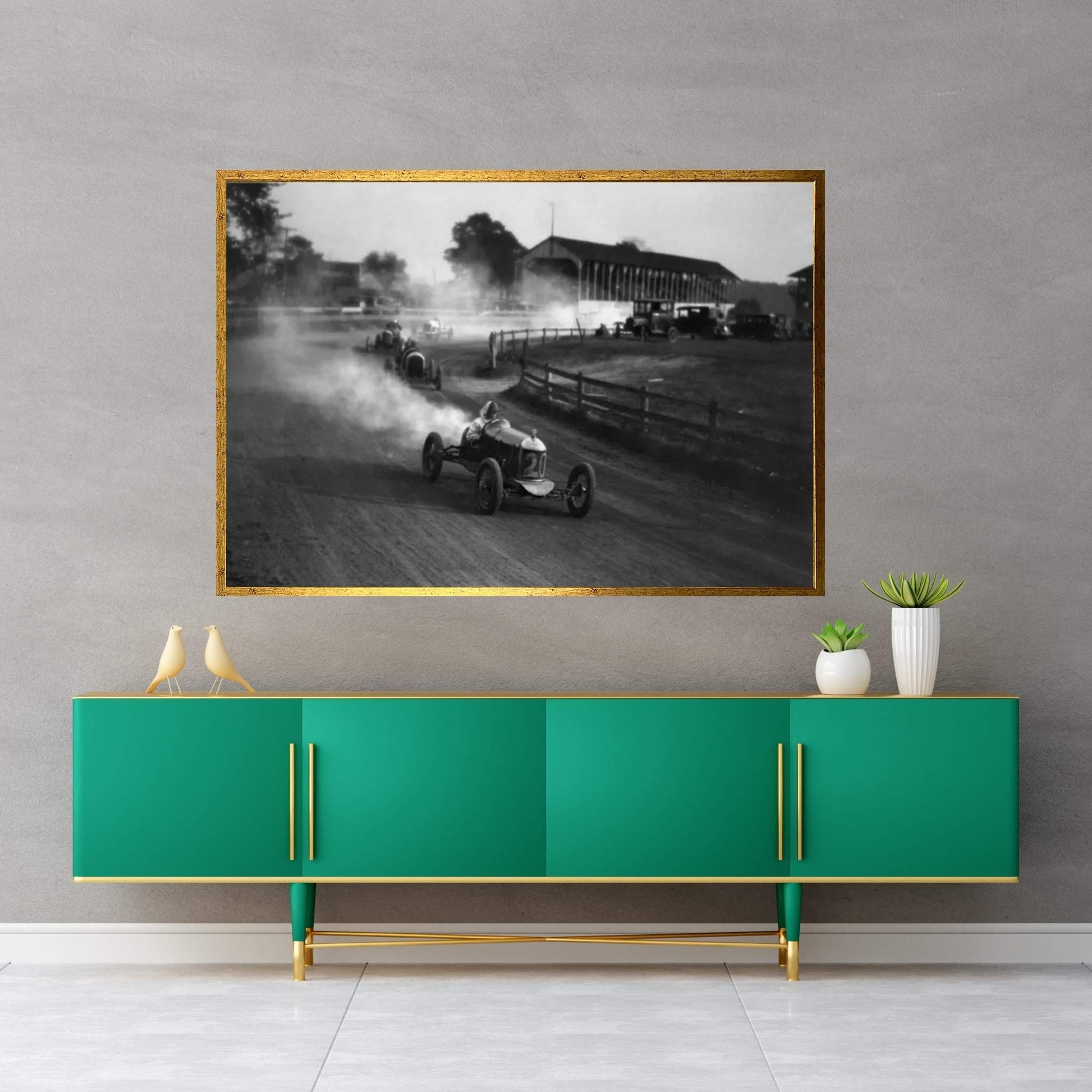 1930s Auto Race On Dirt Track With Cars Going Around Turn Kicking Up Dust Canvas Wall Art - Y Canvas