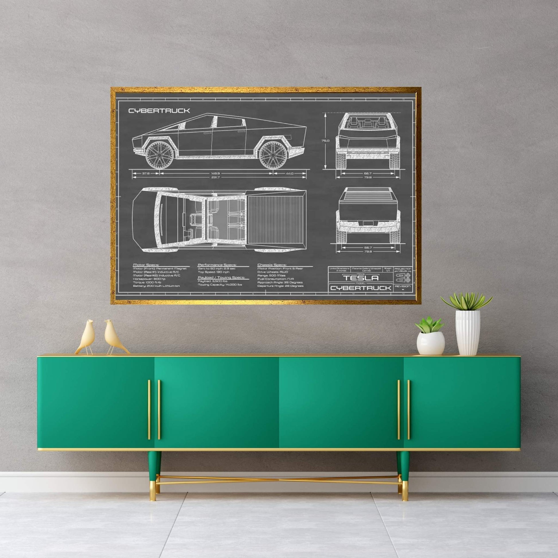 Tesla Cybertruck (2020-2022) Black Canvas Wall Art - Y Canvas