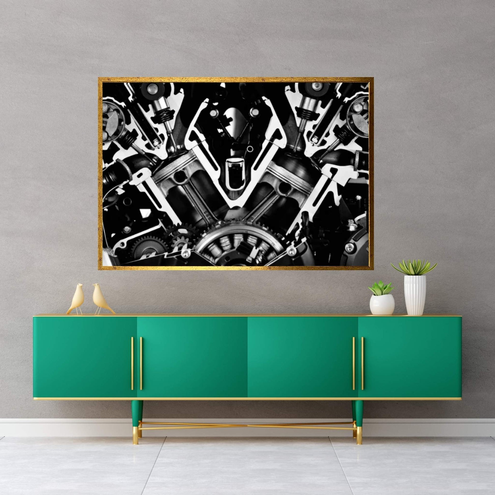 Car Engine Front Grayscale Canvas Wall Art - Y Canvas