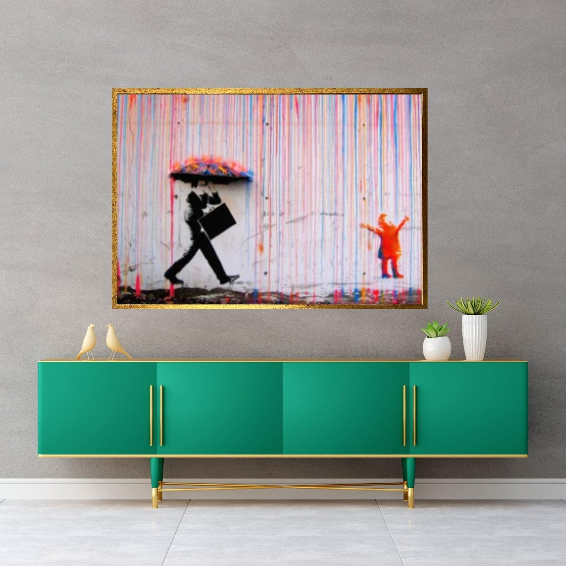 Banksy Rainbow Rain Canvas Wall Art Poster Print, Banksy Rainbow Rain, Coloured Rain Wall Art - Y Canvas