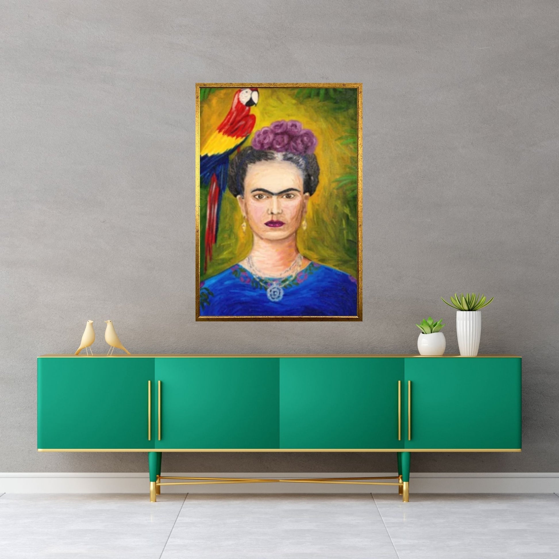 Frida Kahlo Art Canvas Wall Art, Holding a Cup of Tea & Cigarette Decoration - Y Canvas