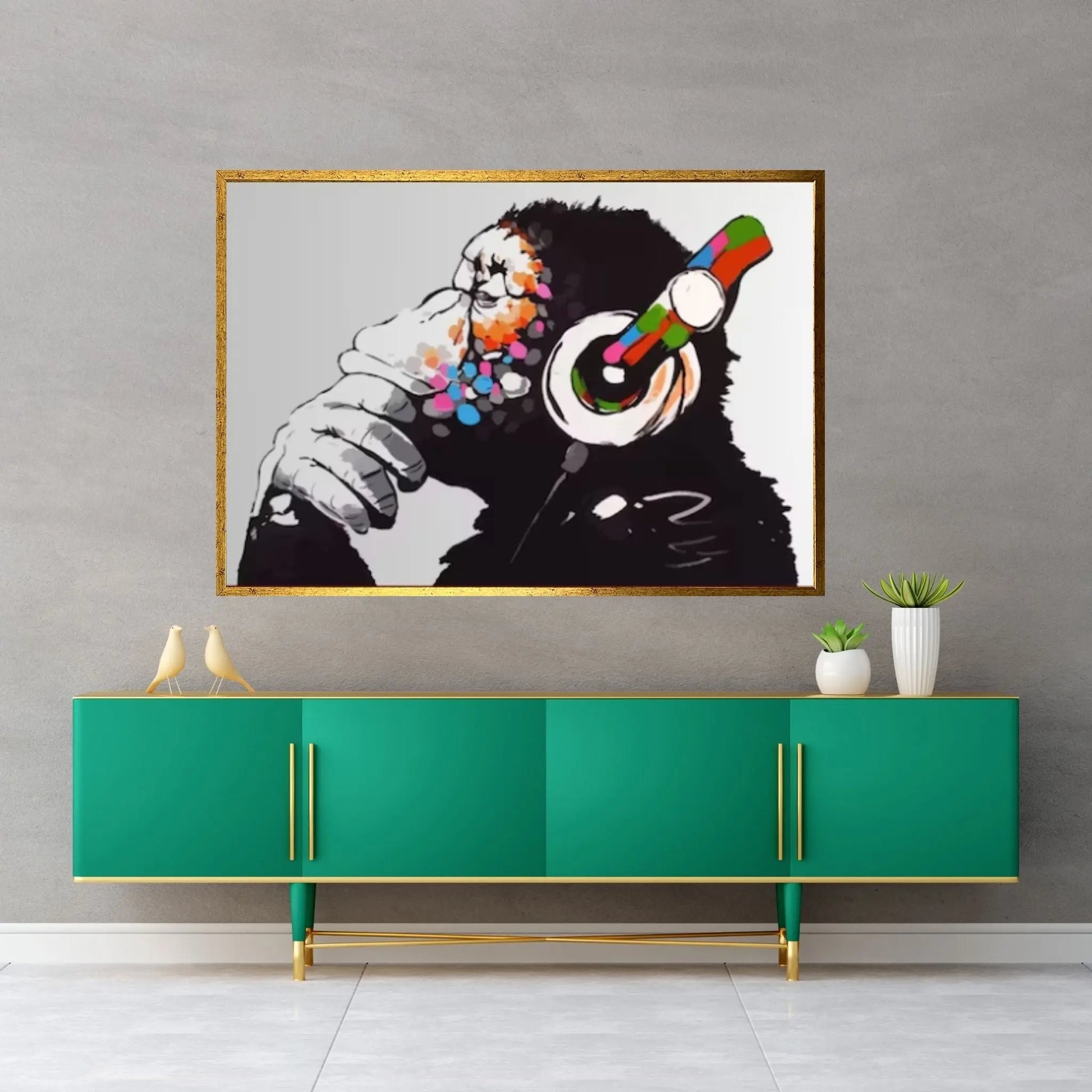 Monkey Headphones Canvas Wall Art, Thinking Monkey DJ, Banksy Monkey - Y Canvas