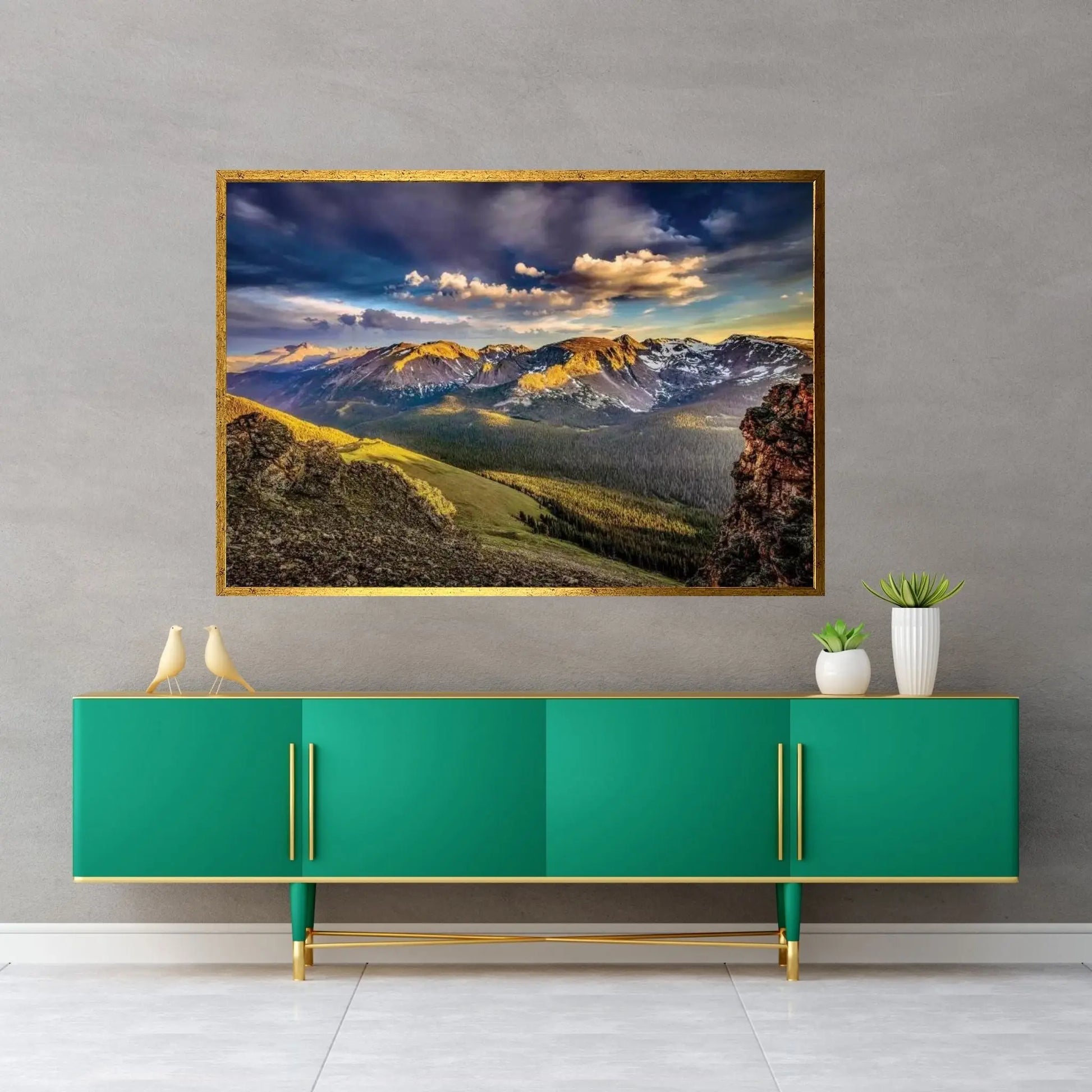 USA, Colorado, Rocky Mountain National Park. Mountain and valley landscape at sunset Canvas Wall Art - Y Canvas