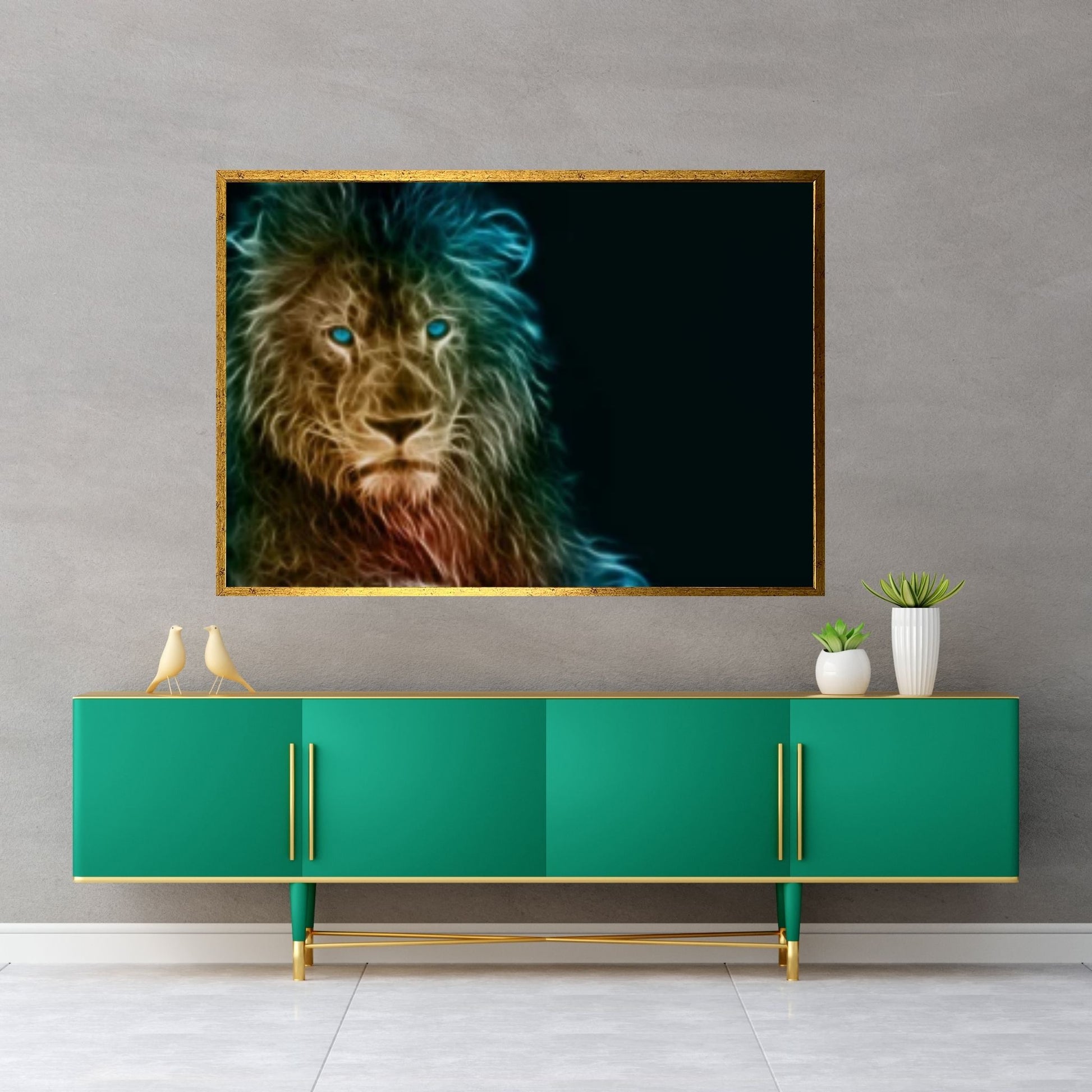 African Lion Canvas Wall Art, Black and white blue eyes lion Canvas Print - Y Canvas