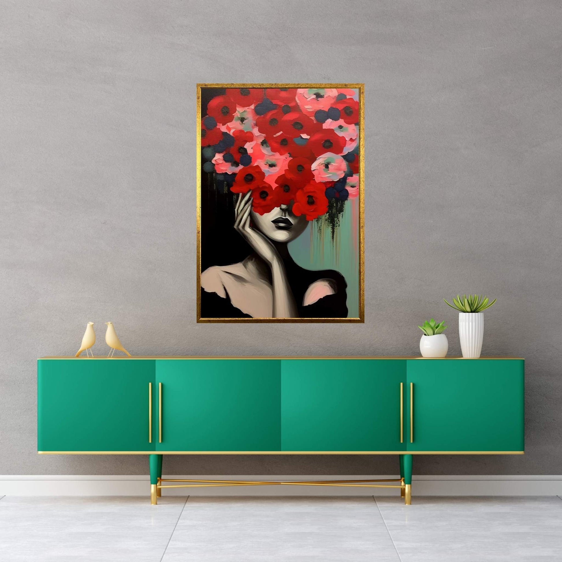 Woman Portrait Flower Head Canvas Wall Art - Y Canvas