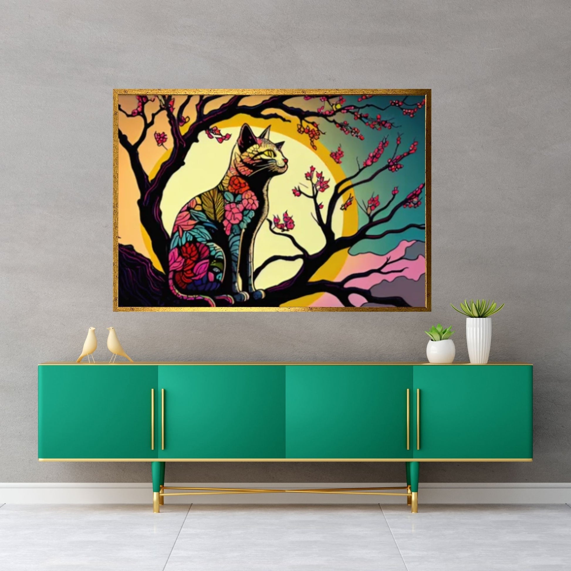 Cat Animal Canvas - Rainbow Cat- Japanese Cherry Tree - Picasso Style - Y Canvas