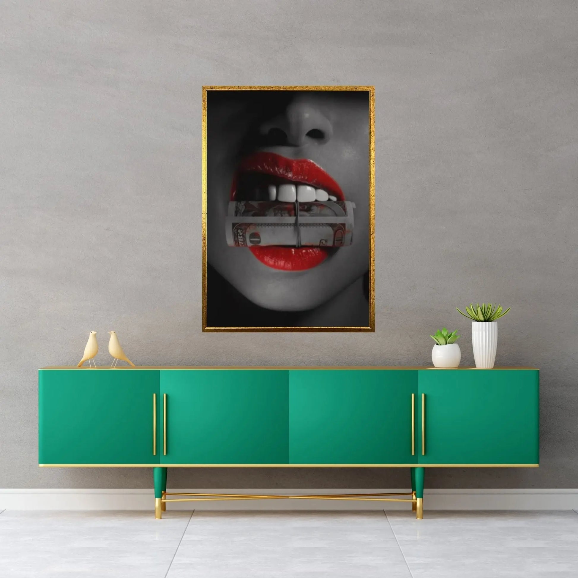 Red Lip Sexy Woman Holding Money In Her Mouth Canvas Wall Art - Y Canvas