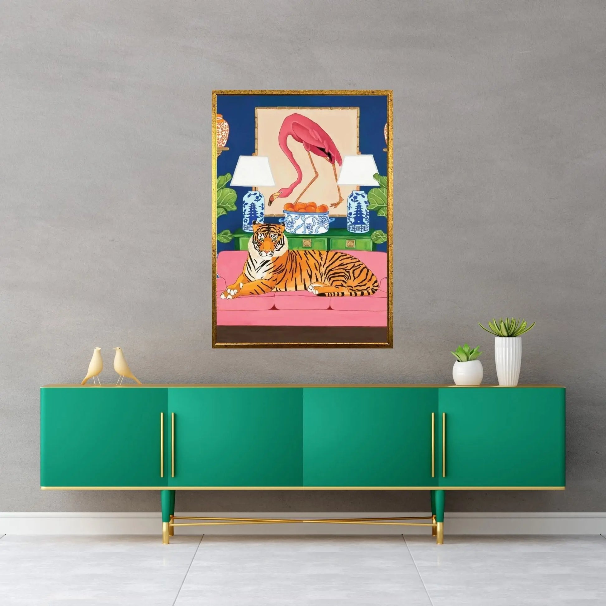 Chinoiserie Tiger In The Living Room With Flamingo Ginger Jar And Fiddle Leaf Fig Canvas Wall Art - Y Canvas