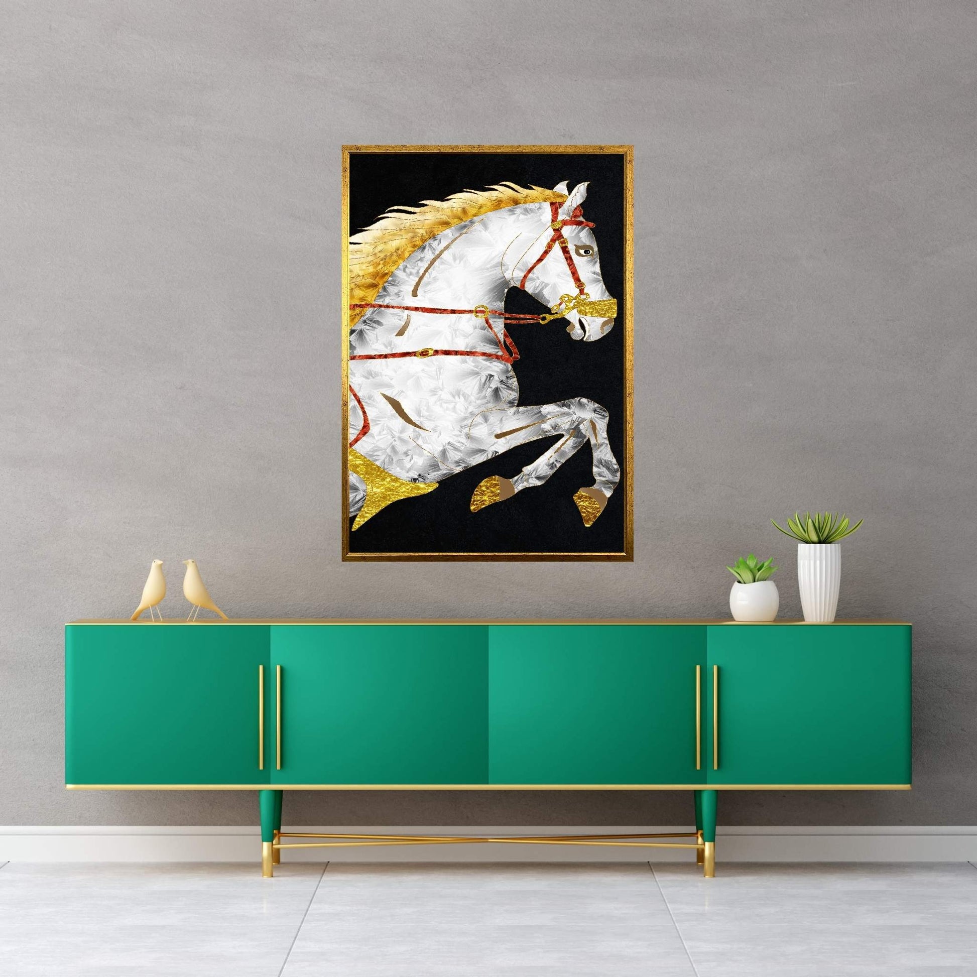 Abstract Modern White Horse with Golden Hair Canvas Wall Art - Y Canvas