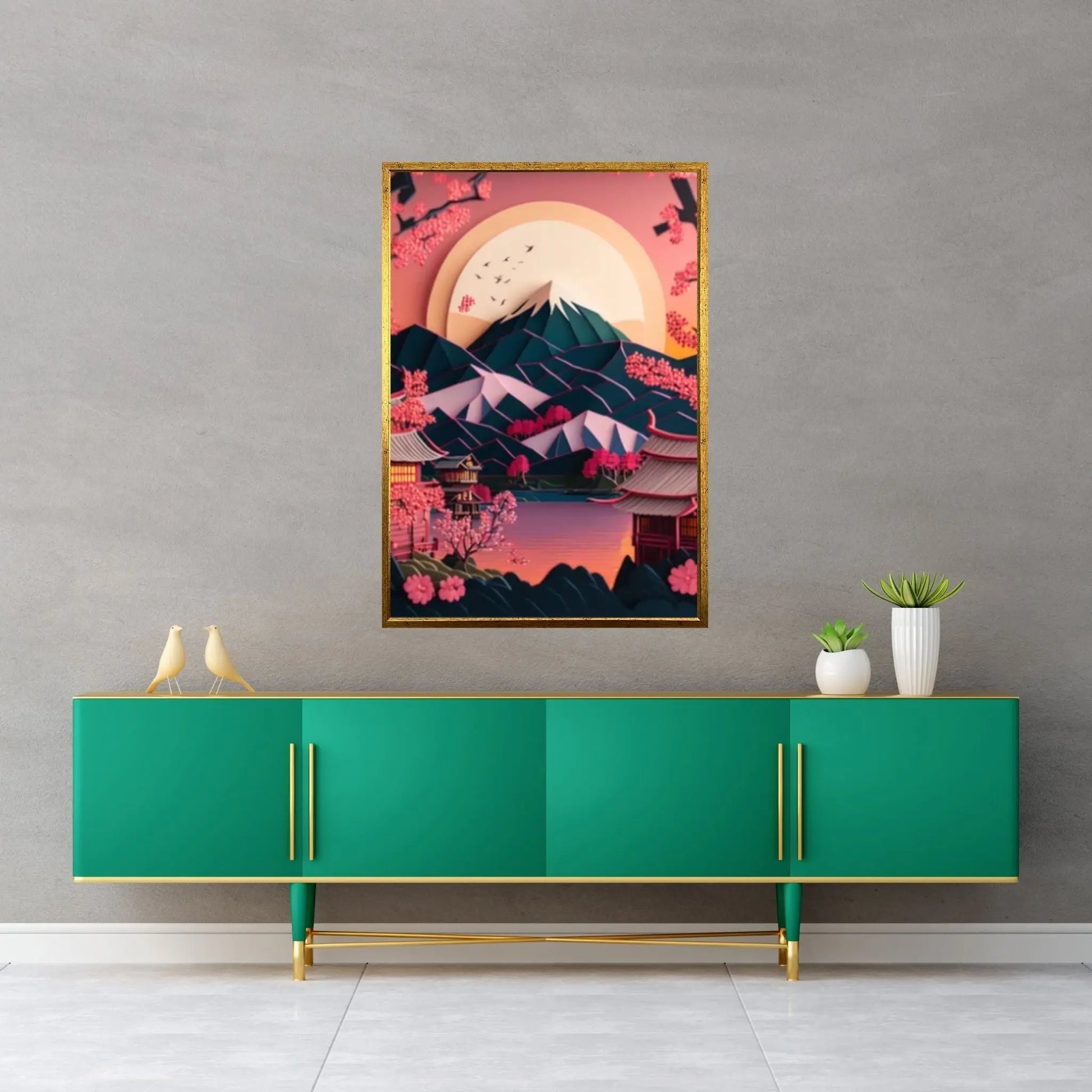 Japanese Landscape Painting of Pine Trees Canvas Wall Art, Distant Mountains - Y Canvas