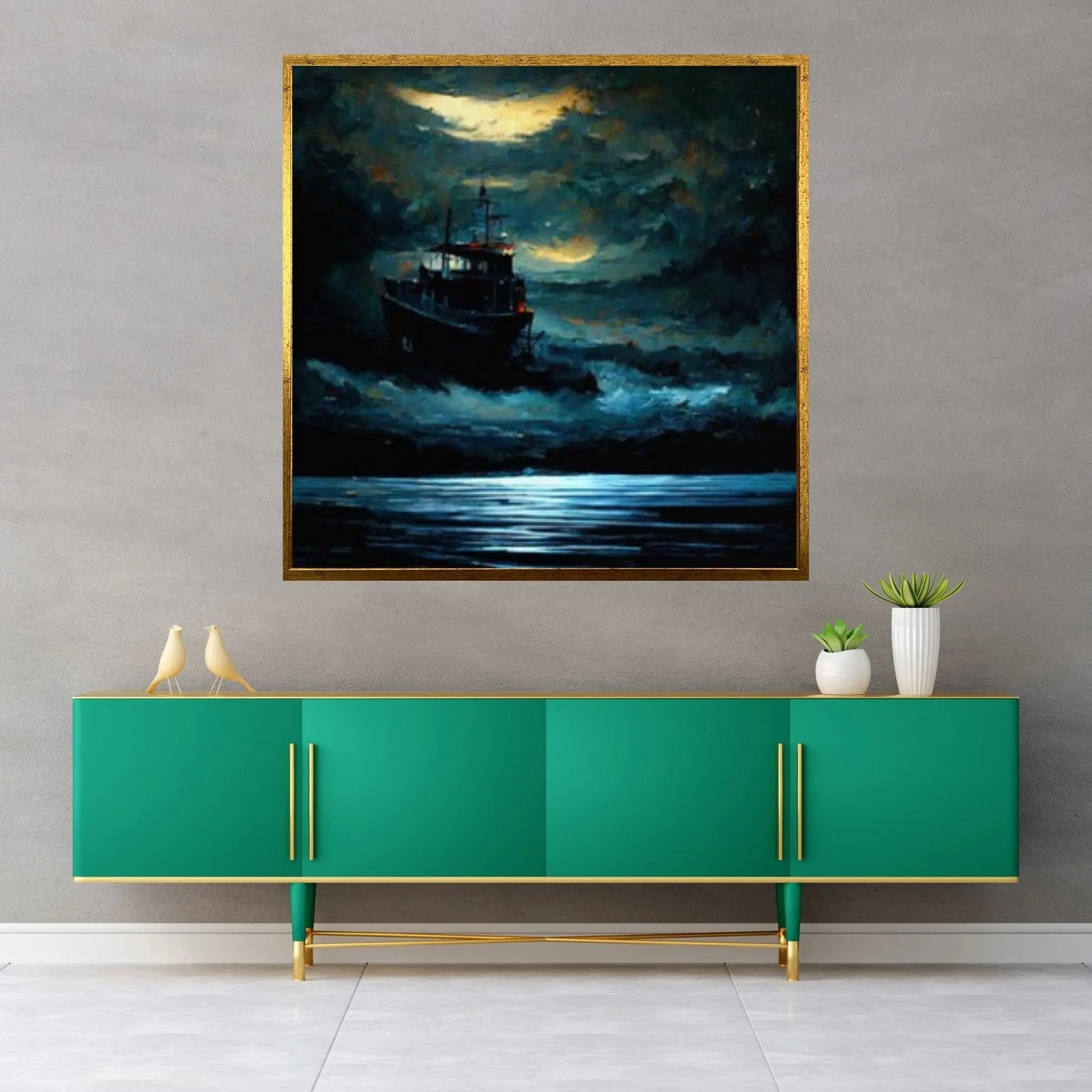 Large Dark Sea Pirates Ship Canvas Wall Art, Pirates Canvas Wall Print, Corsair on Sea Wall Hangings, Dark Colours Boat Room Decor - Y Canvas