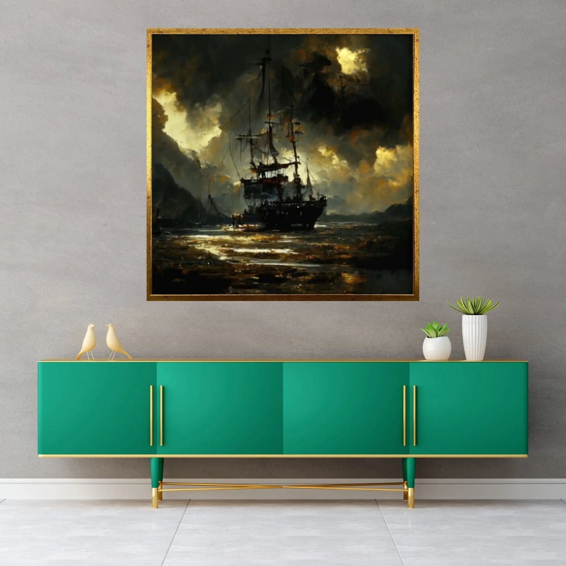 Large Dark Sea Pirates Ship Canvas Wall Art, Pirates Canvas Wall Print, Corsair on Sea Wall Hangings, Dark Colours Boat Room Decor - Y Canvas