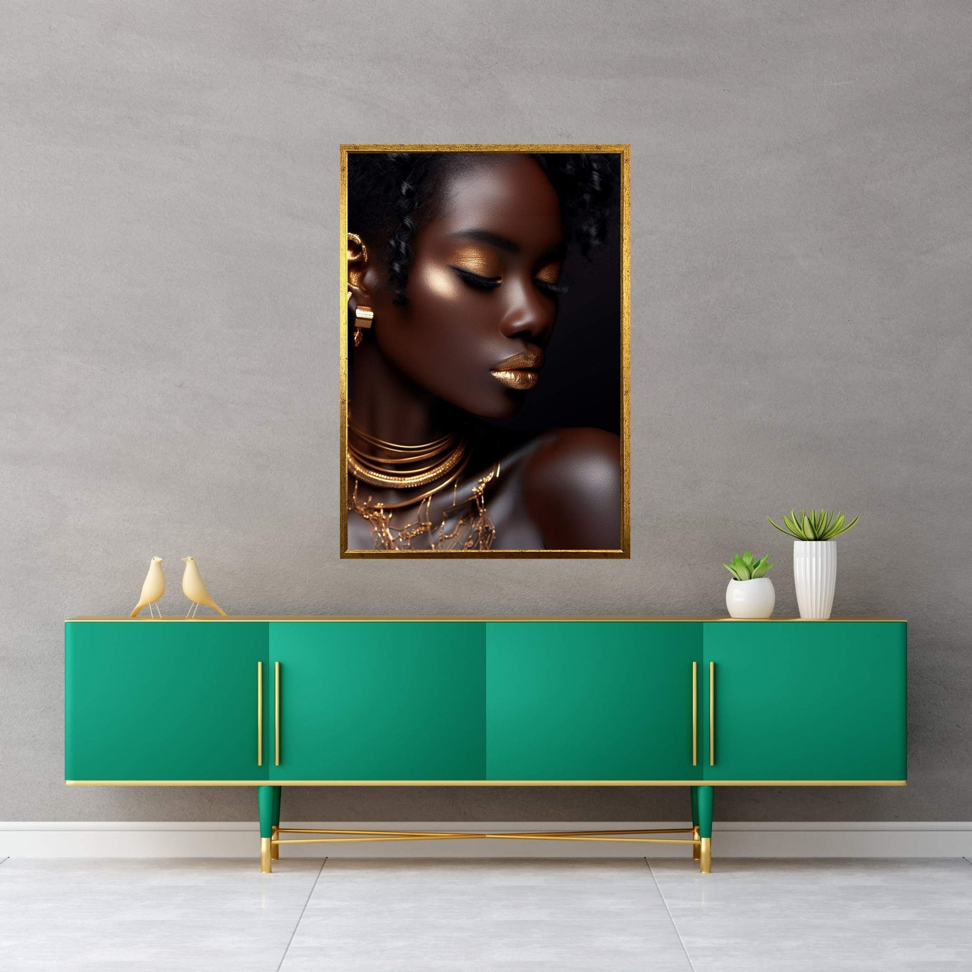 African Black Woman Gold Make-up Canvas Portrait Canvas Wall Art - Y Canvas