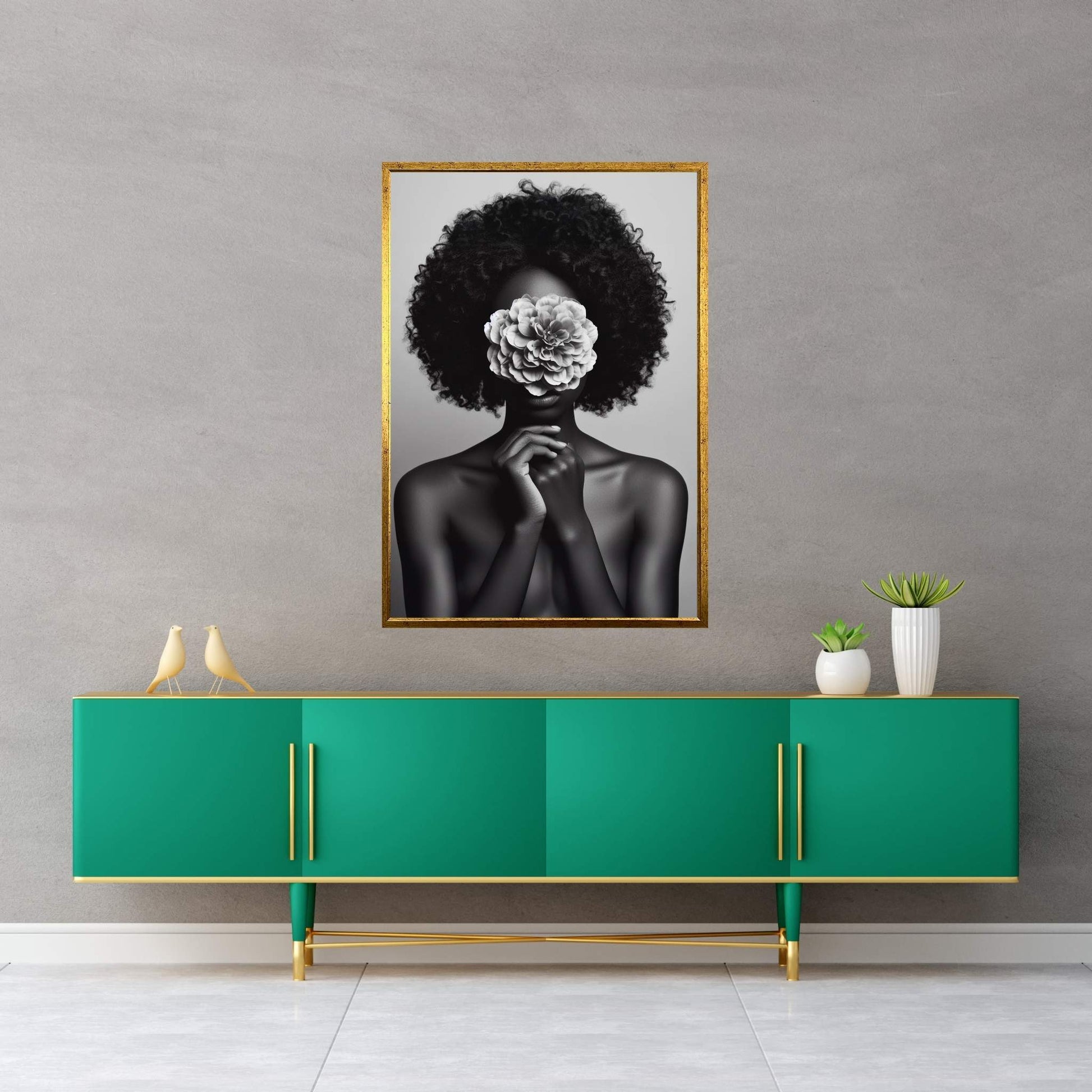 African Black Woman Canvas Flower Portrait Canvas Wall Art - Y Canvas