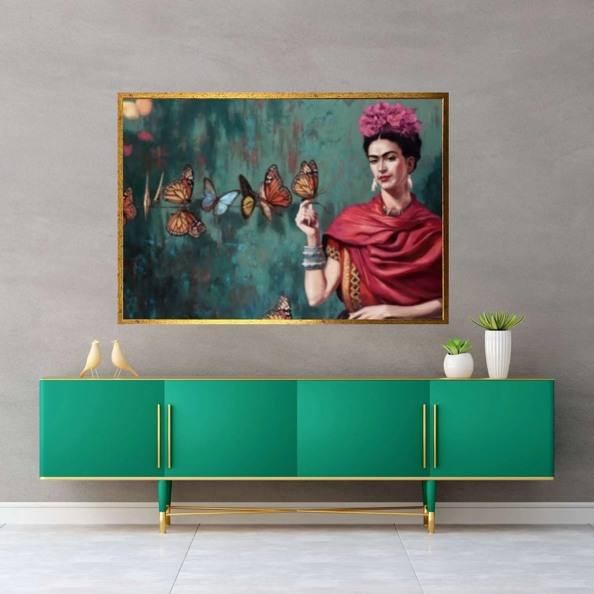 Frida Kahlo Printed, Colorful Printed, Frida And Butterflies Canvas Poster - Y Canvas