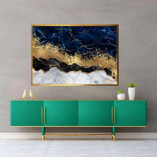 Abstract Navy Blue, White and Gold Marble Canvas Print, Modern Canvas Wall Art, Stone Art Print - Y Canvas