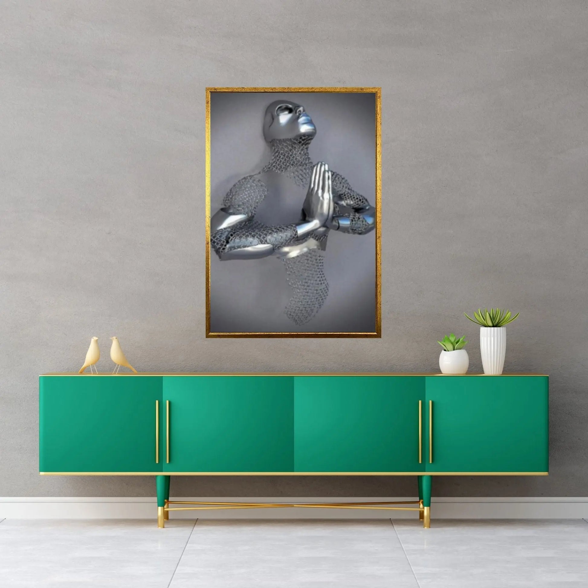 Praying Chain Grey Art Print on Canvas, Metallic Wall Art Canvas - Y Canvas