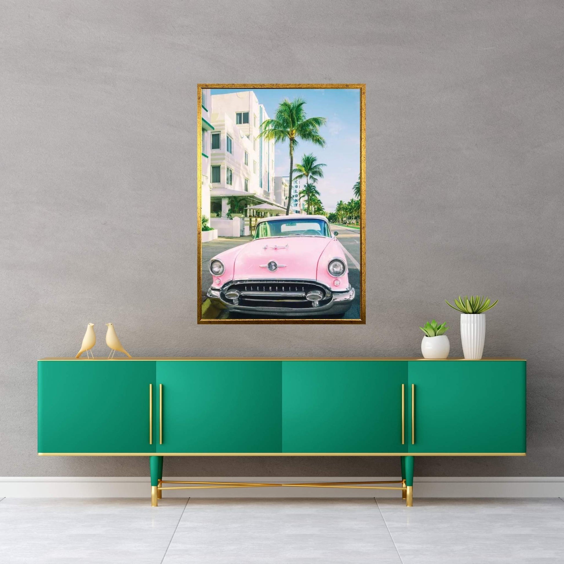 Pink Oldsmobile, Miami Art Deco, Florida Canvas Wall Art - Y Canvas