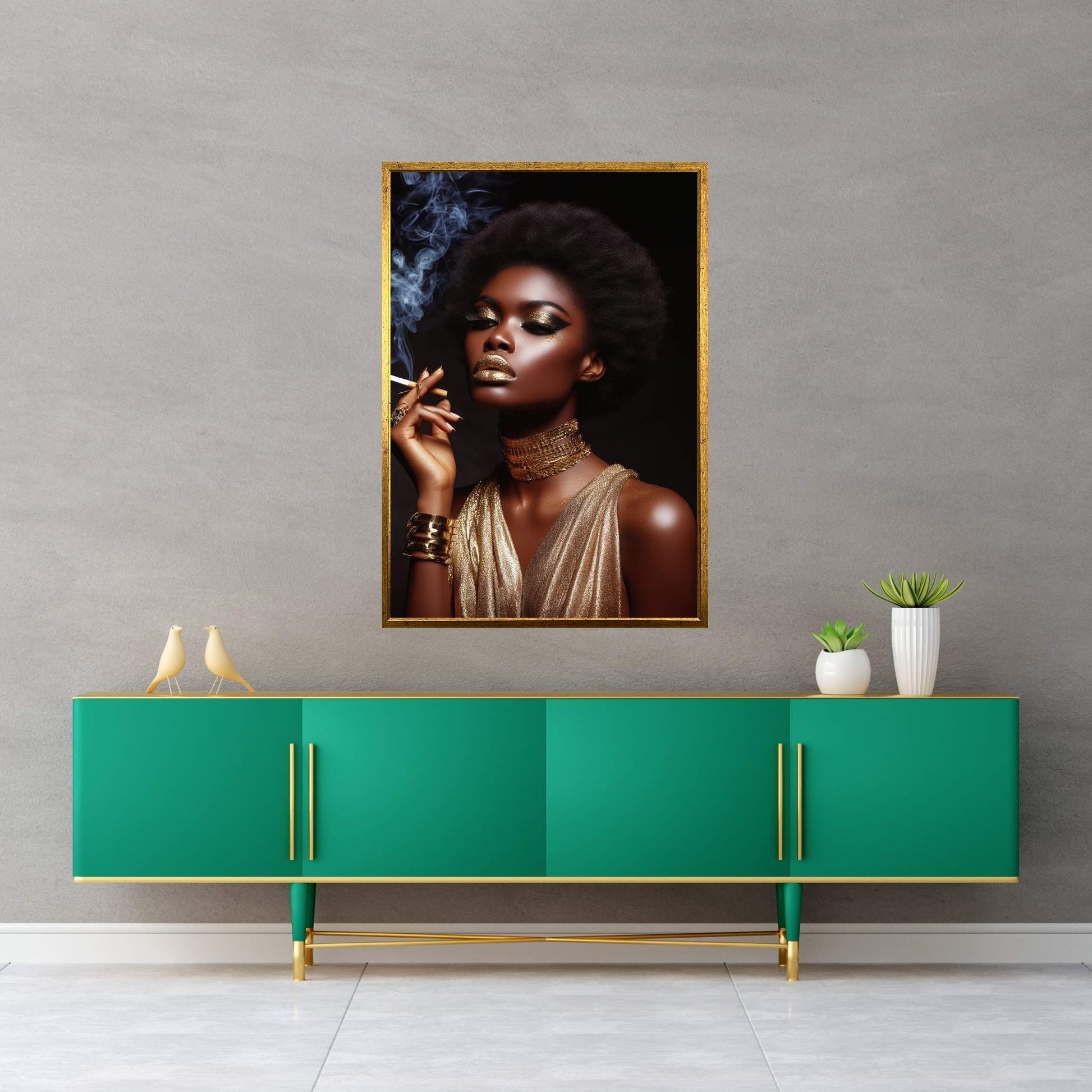 African Black Woman Gold Make-up Smoke Canvas Portrait Canvas Wall Art - Y Canvas